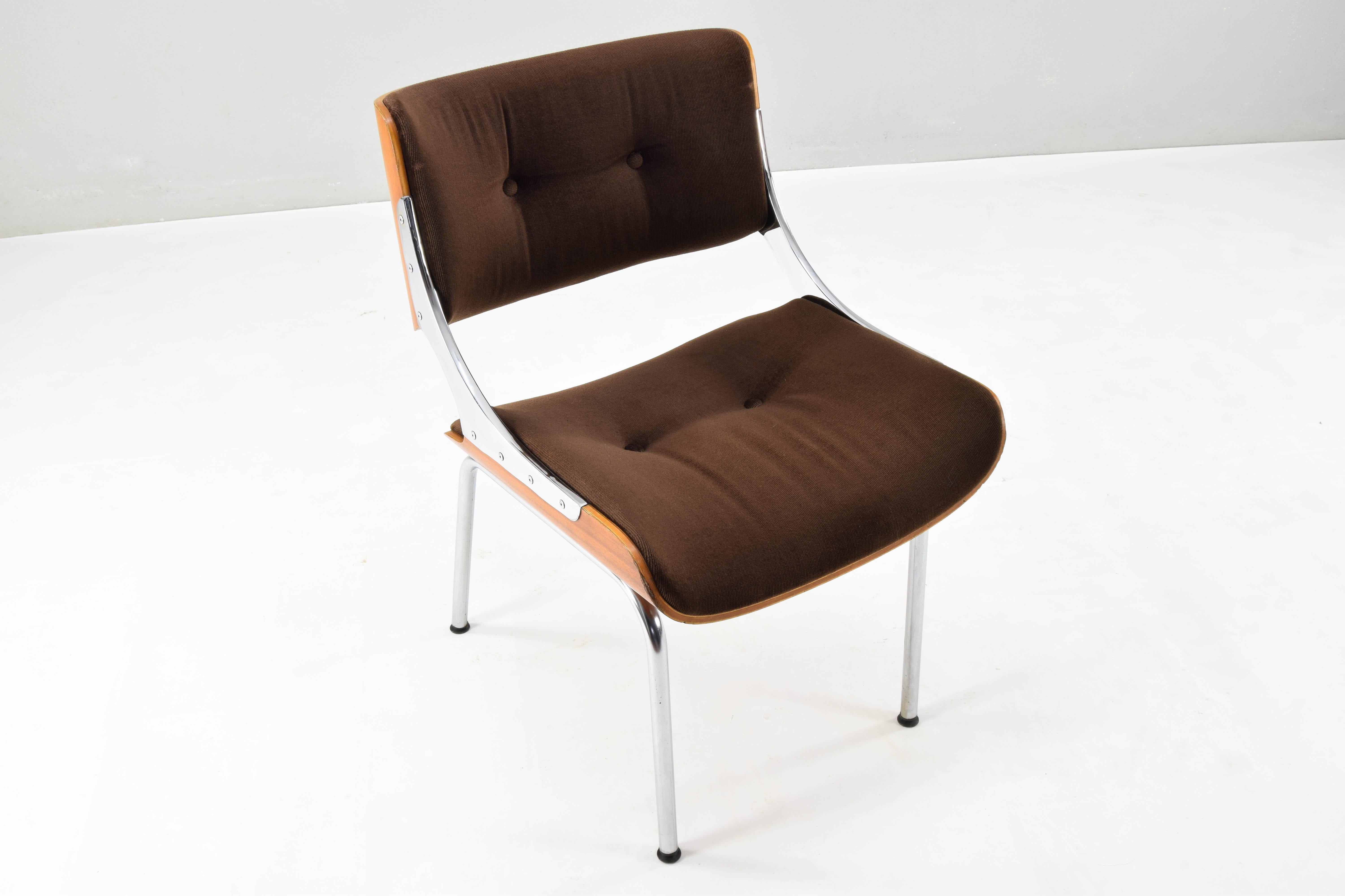 Set of Four Mid-Century Modern Danish Teak Plywood  Chrome and Velvet Chairs 11