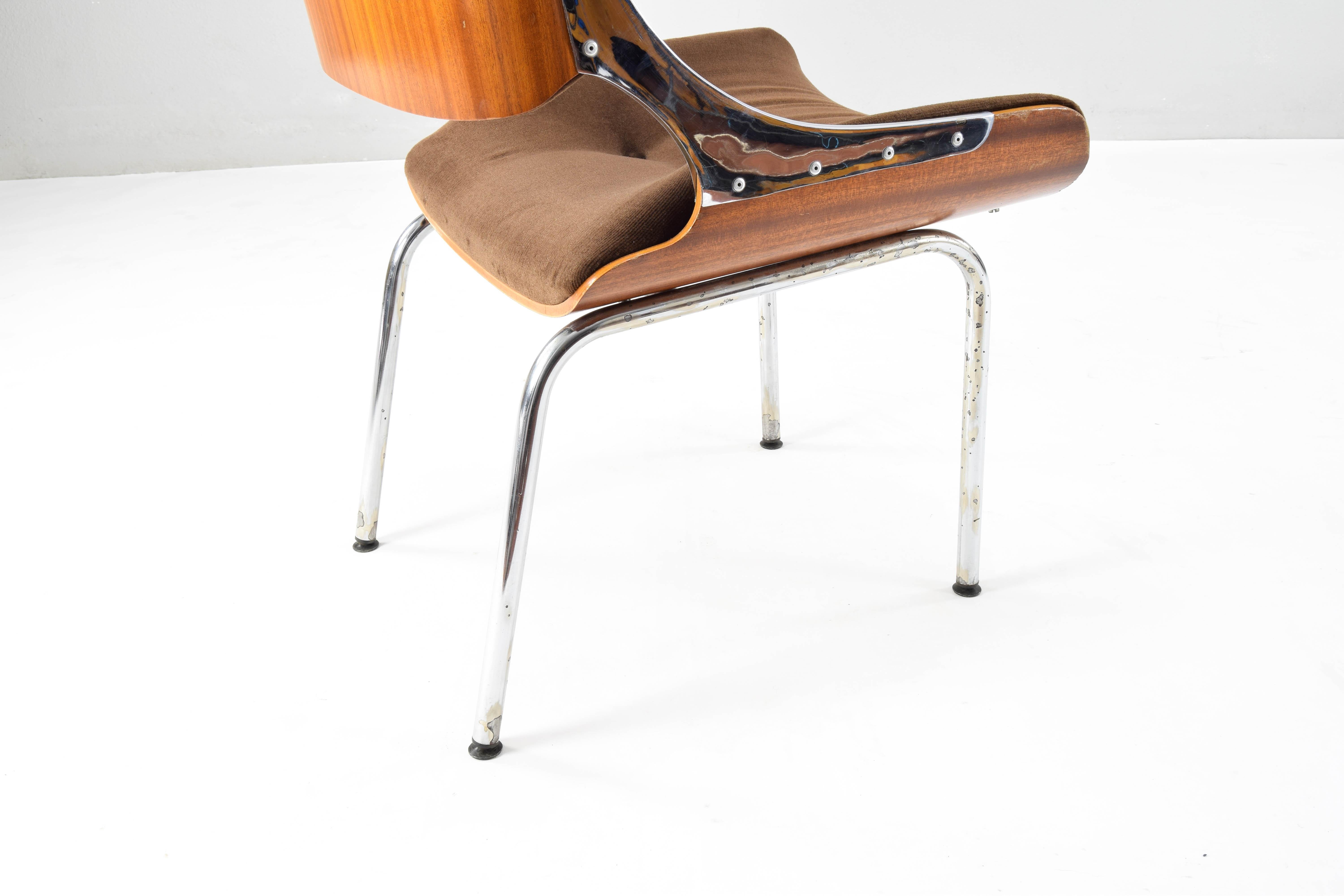 Set of Four Mid-Century Modern Danish Teak Plywood  Chrome and Velvet Chairs 12