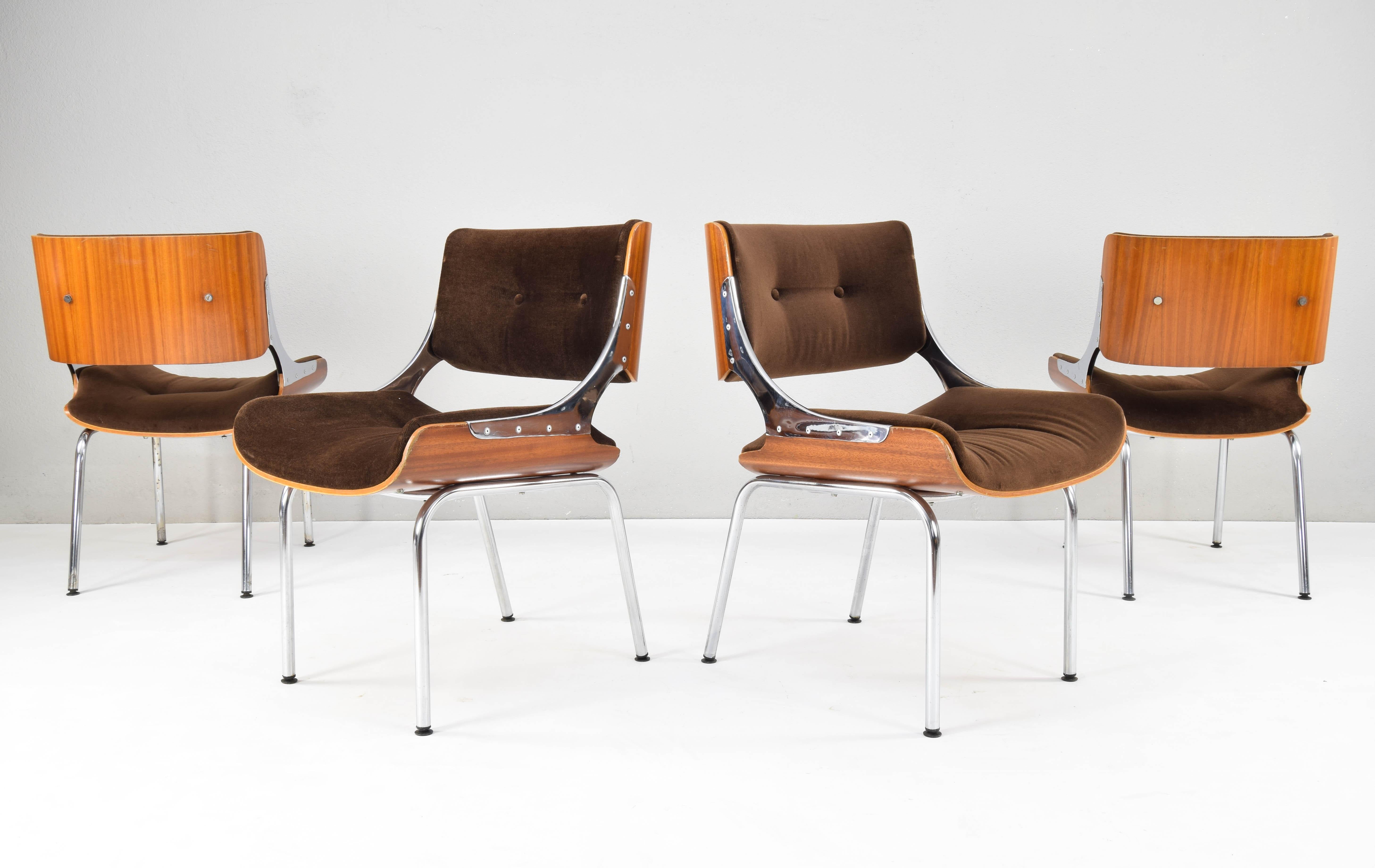 20th Century Set of Four Mid-Century Modern Danish Teak Plywood  Chrome and Velvet Chairs
