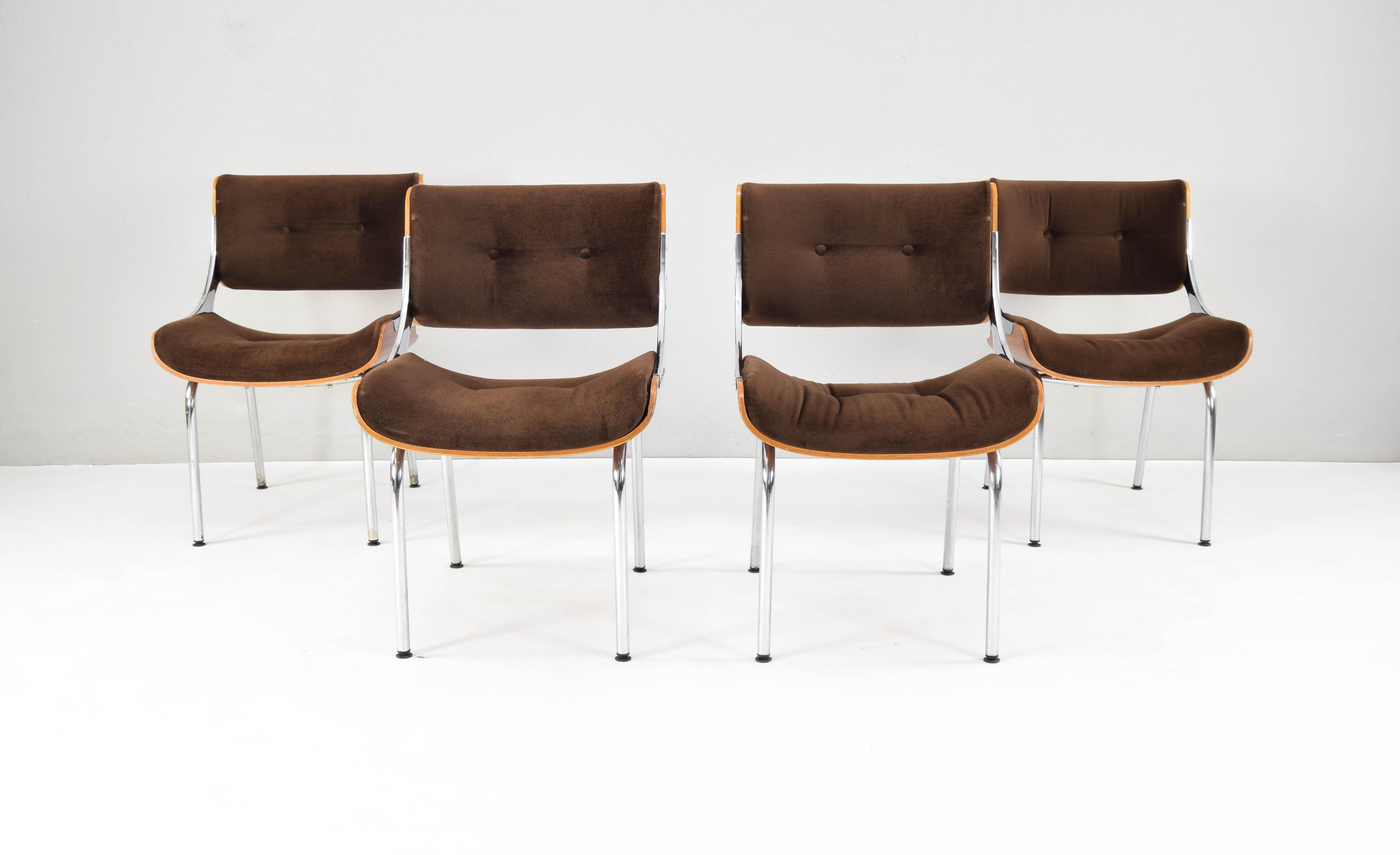Set of Four Mid-Century Modern Danish Teak Plywood  Chrome and Velvet Chairs 1