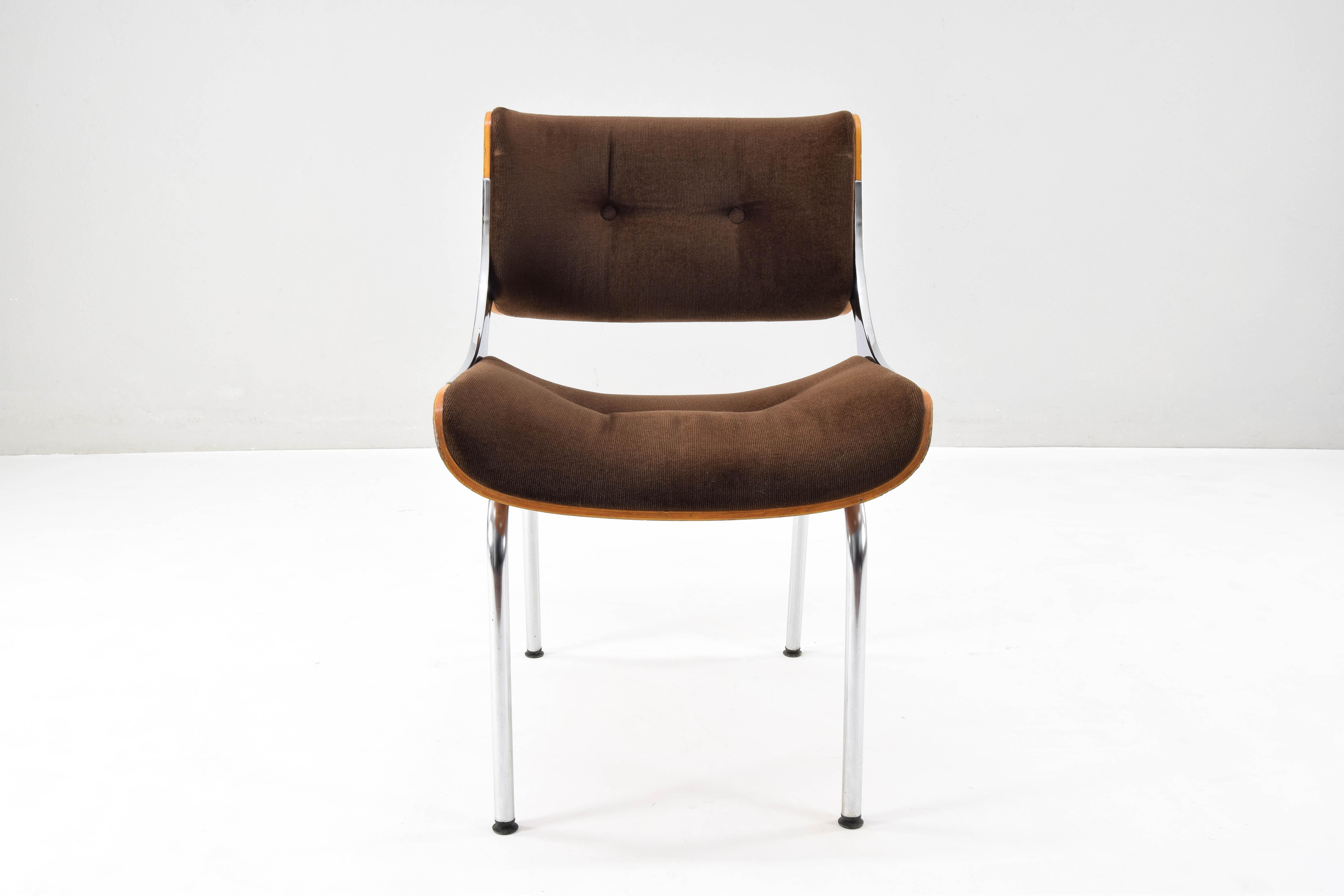 Set of Four Mid-Century Modern Danish Teak Plywood  Chrome and Velvet Chairs 2