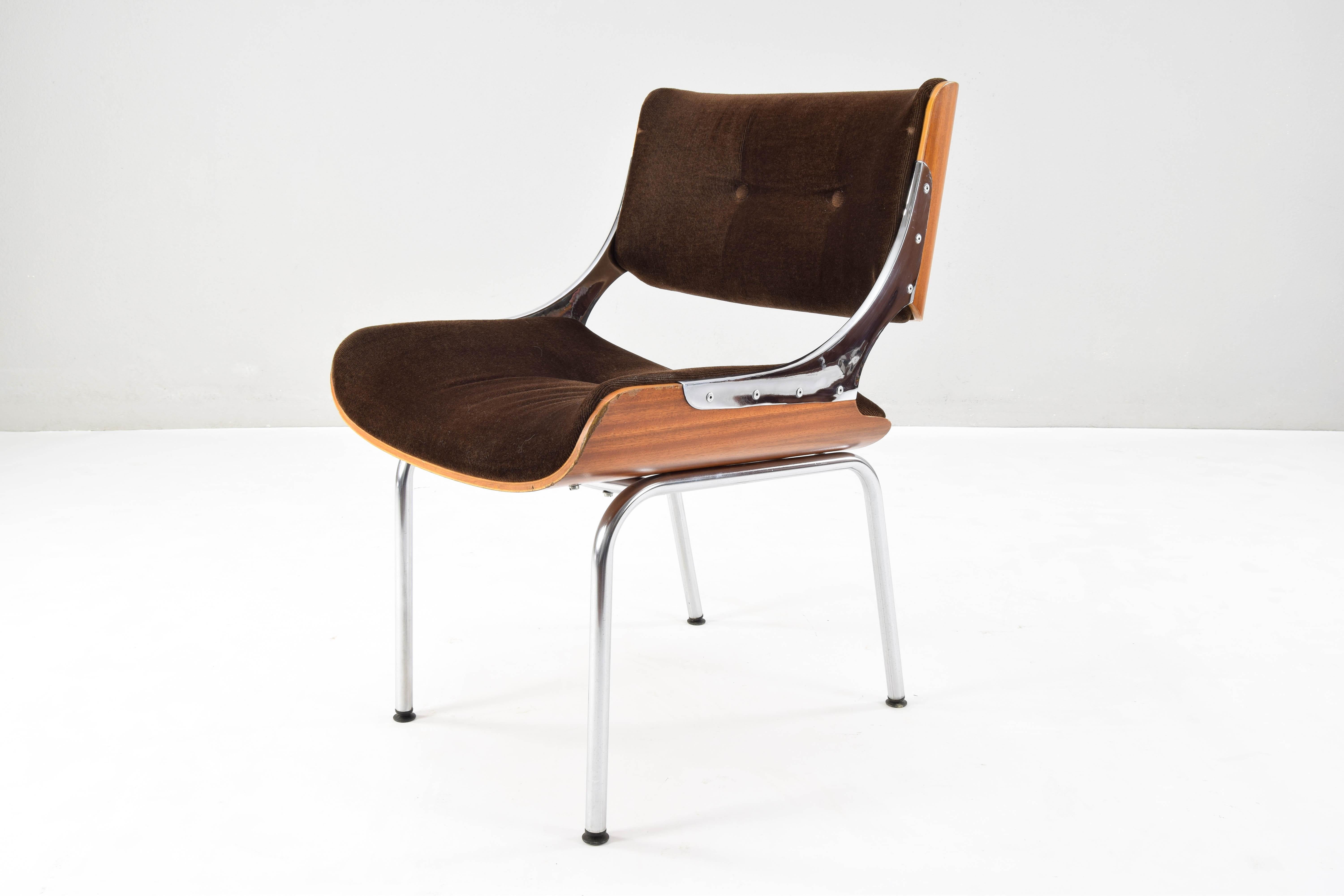 Set of Four Mid-Century Modern Danish Teak Plywood  Chrome and Velvet Chairs 3