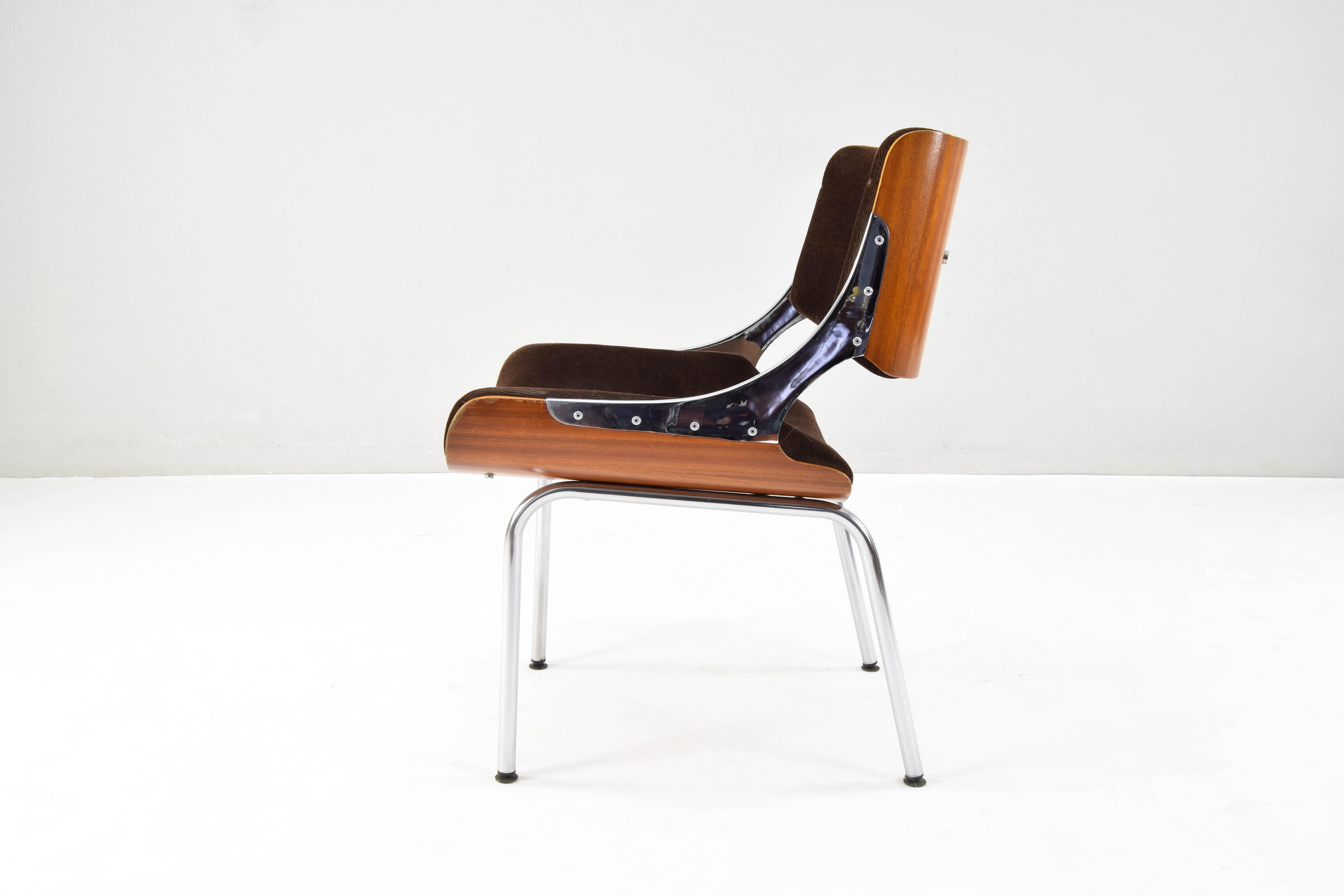 Set of Four Mid-Century Modern Danish Teak Plywood  Chrome and Velvet Chairs 4