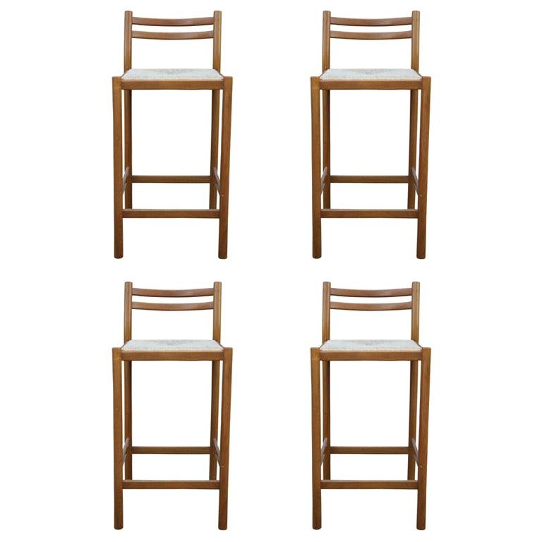 Set of Four Mid-Century Modern Danish Wood and Cord Barstools Countertop Height