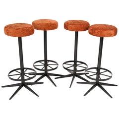 Retro Set of Four Mid-Century Modern Dark Orange Bar Stools, 1960s