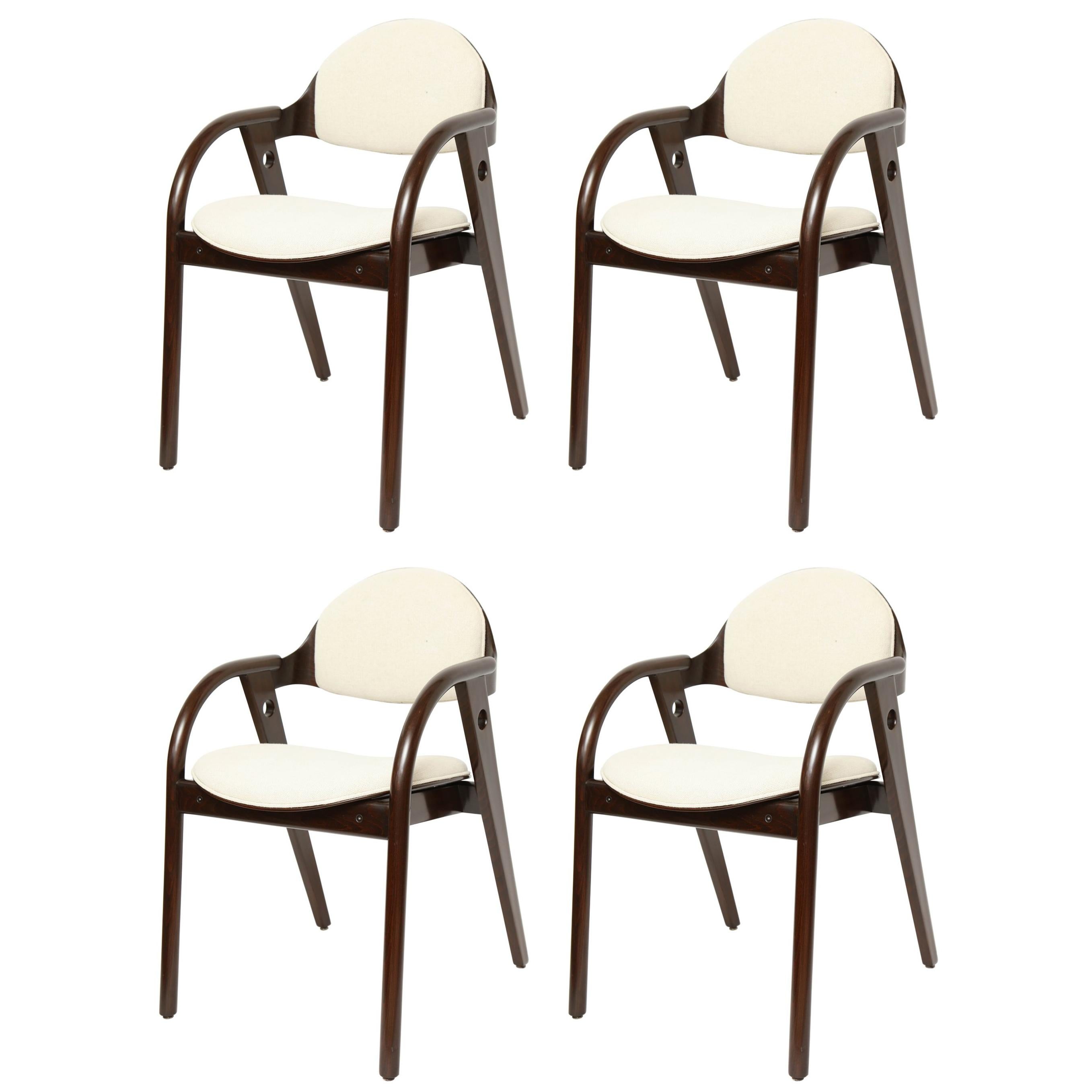 Set of Four Mid-Century Modern Dark Wood Chairs with Upholstered Seats For Sale
