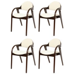 Set of Four Mid-Century Modern Dark Wood Chairs with Upholstered Seats