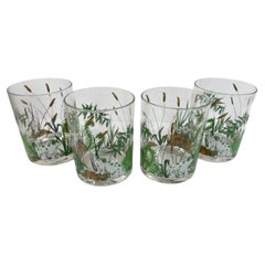 Set of Four Mid Century Modern Frogs and Ferns Rocks Glasses by Cera Glassware