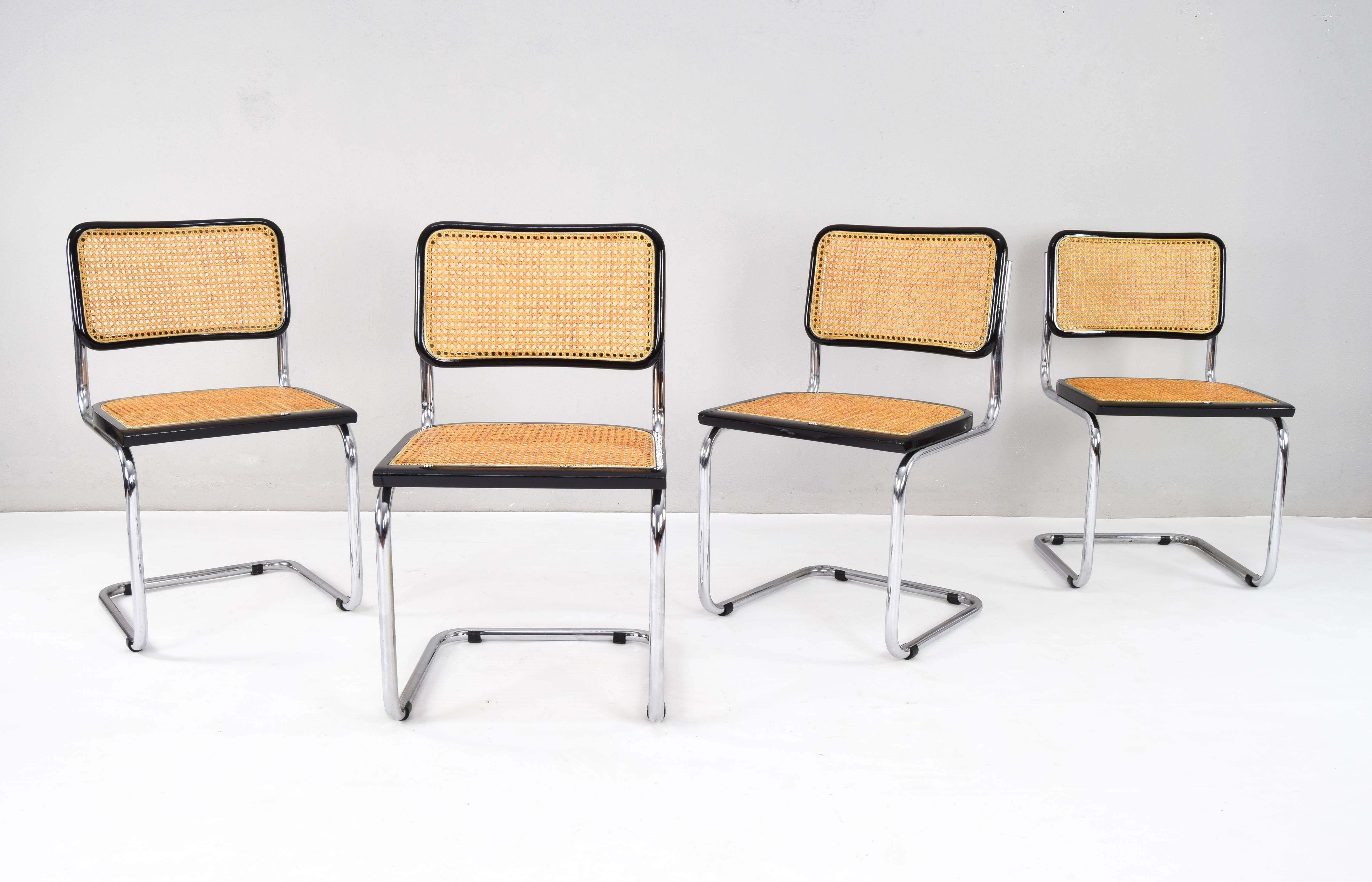 Lacquered Set of Four Mid-Century Modern Italian Marcel Breuer B32 Cesca Chairs, 70s
