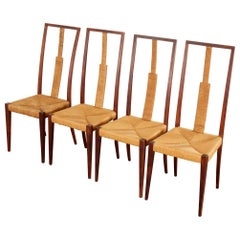 Set of Four Mid-Century Modern Italian Walnut and Paper Cord Chairs
