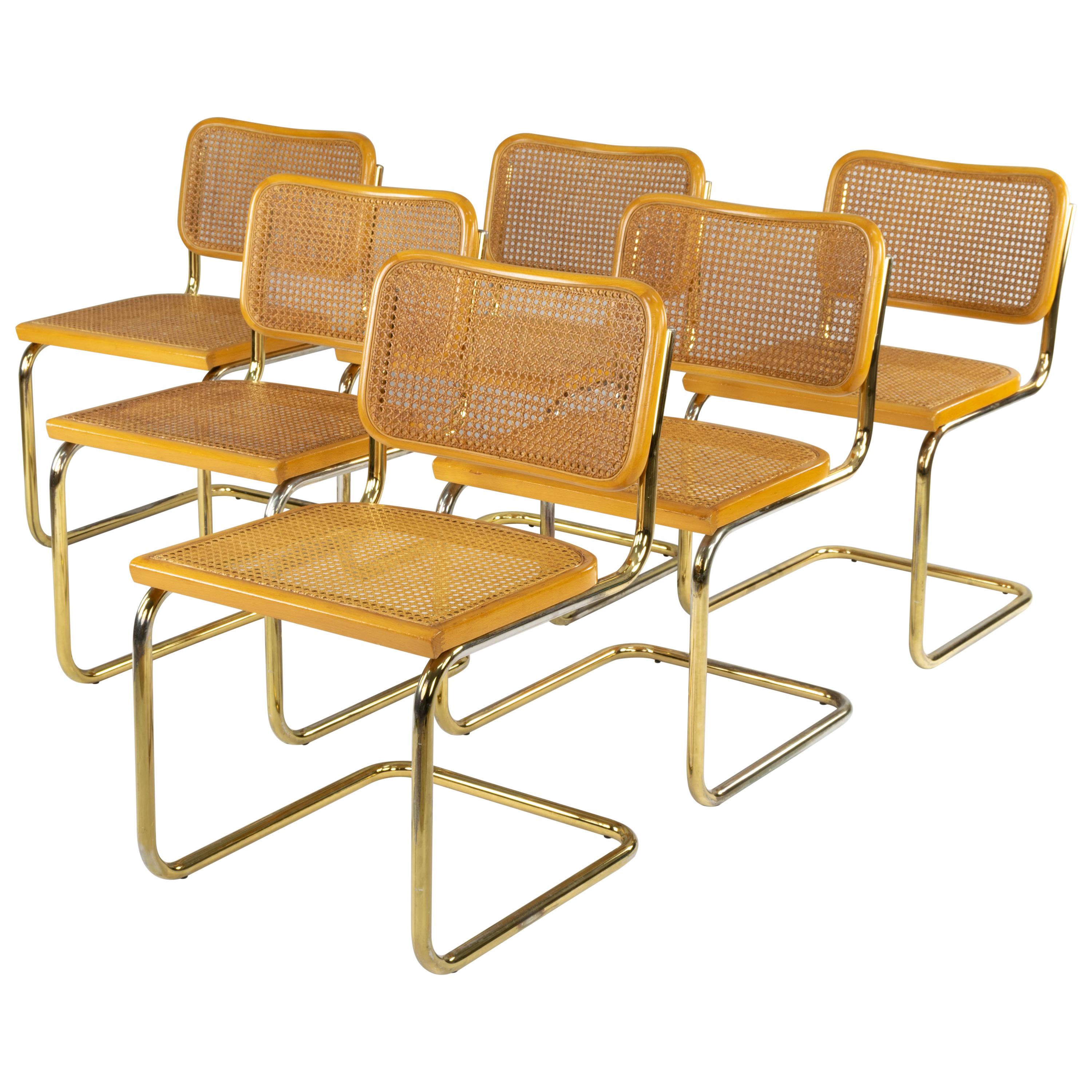 Set of Six Mid-Century Modern Marcel Breuer B32 Cesca Brass Chairs, Italy, 1970