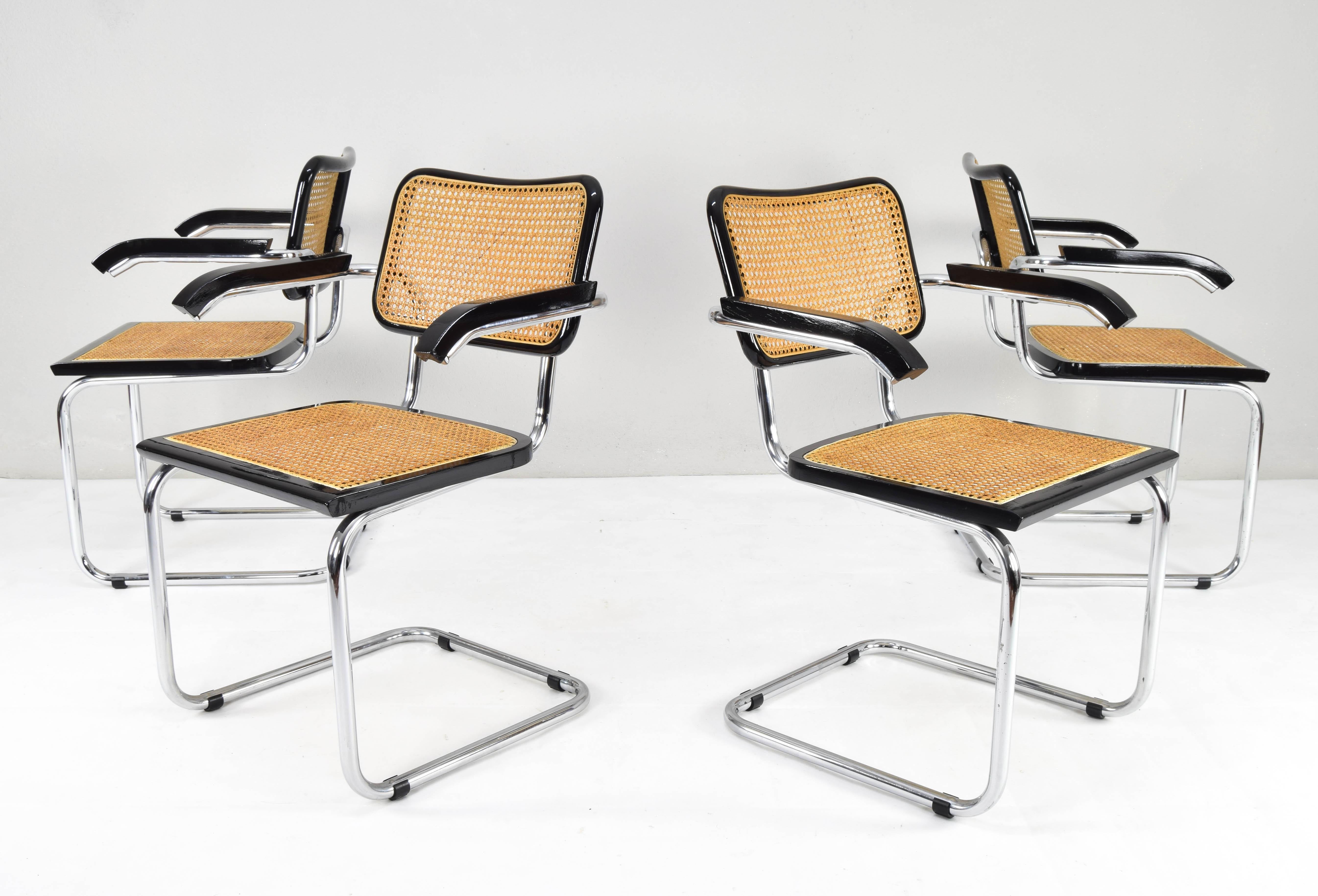 Lacquered Set of Four Mid-Century Modern Marcel Breuer B64 Cesca Chairs, Italy, 1970