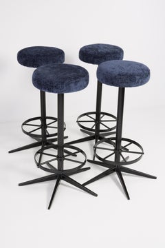 Set of Four Mid-Century Modern Navy Blue Bar Stools, 1960s