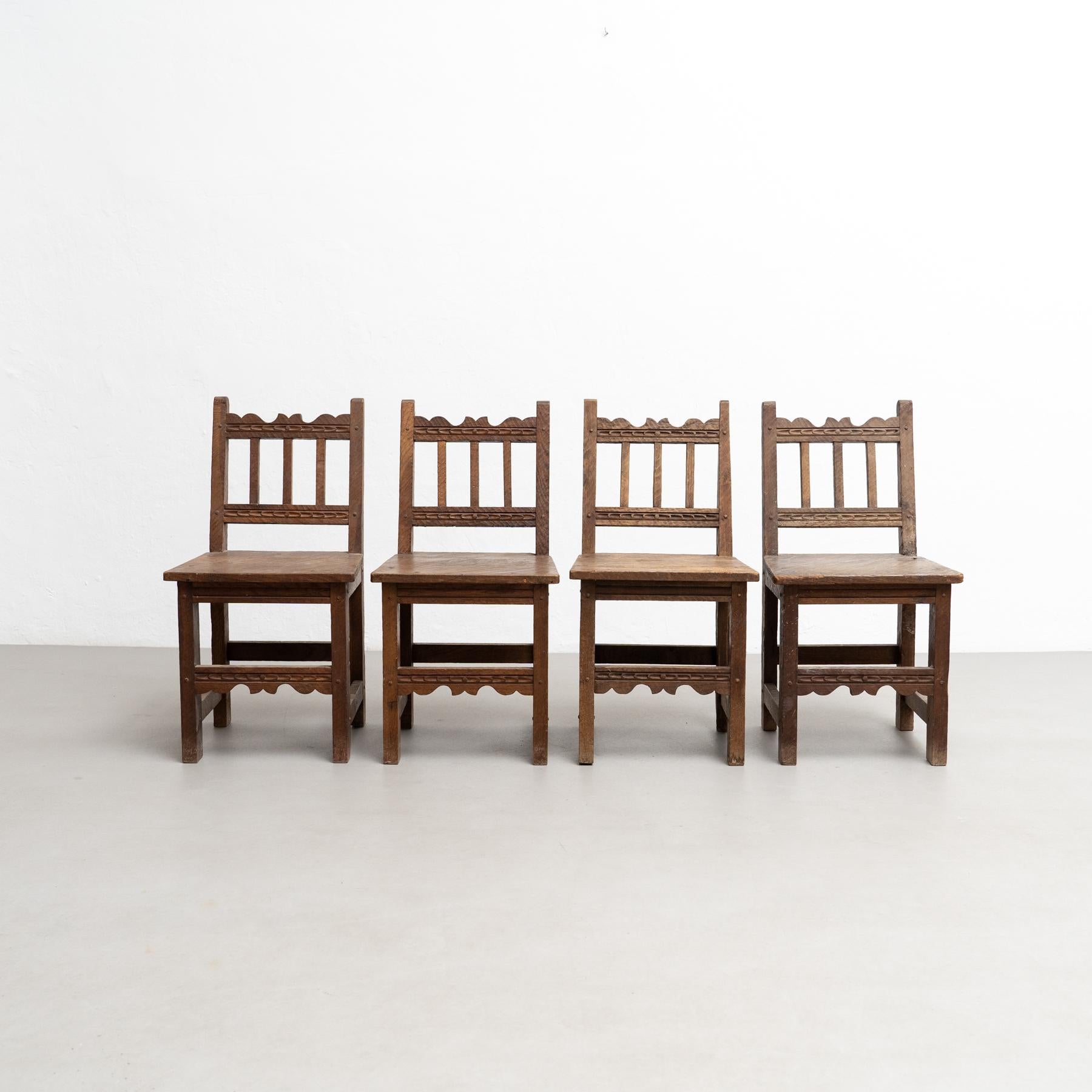 French Set of Four Mid-Century Modern Rationalist Wood Chairs, Rustic Charm, circa 1940