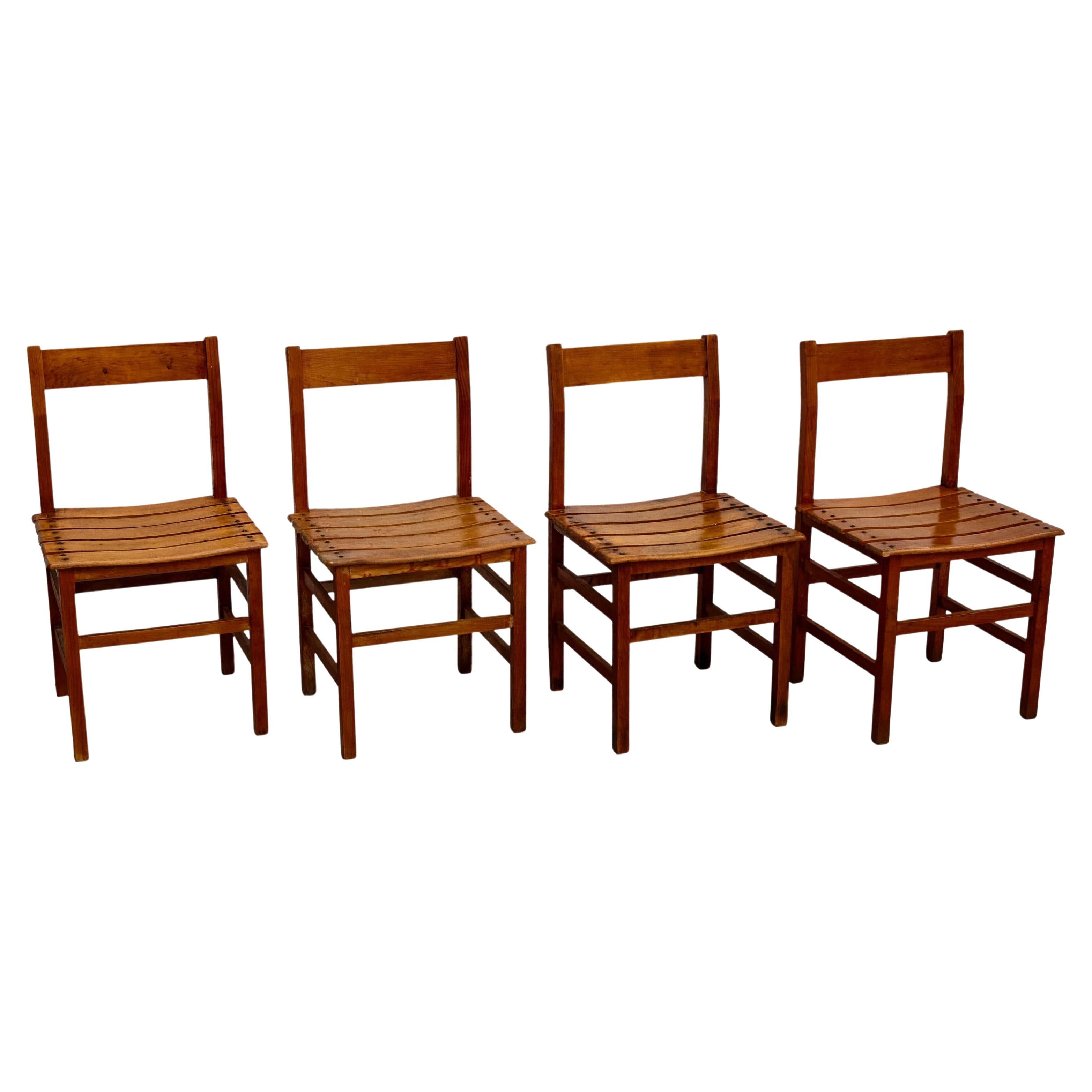 Set of Four Mid-Century Modern Rationalist Wood Chairs, Rustic Charm, circa 1960 For Sale