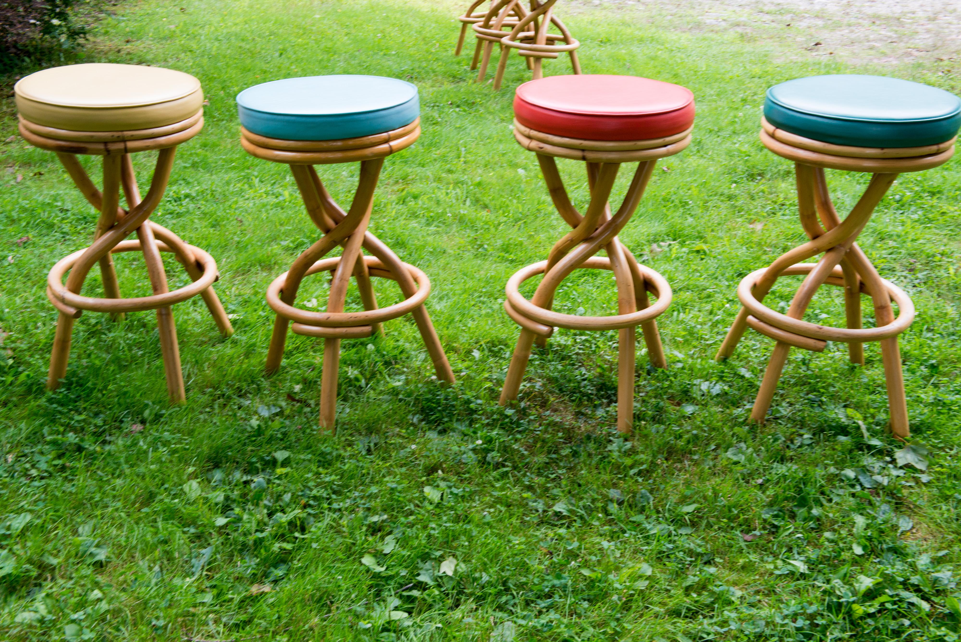 Set of Four Mid-Century Modern Rattan Swivel Stools 1