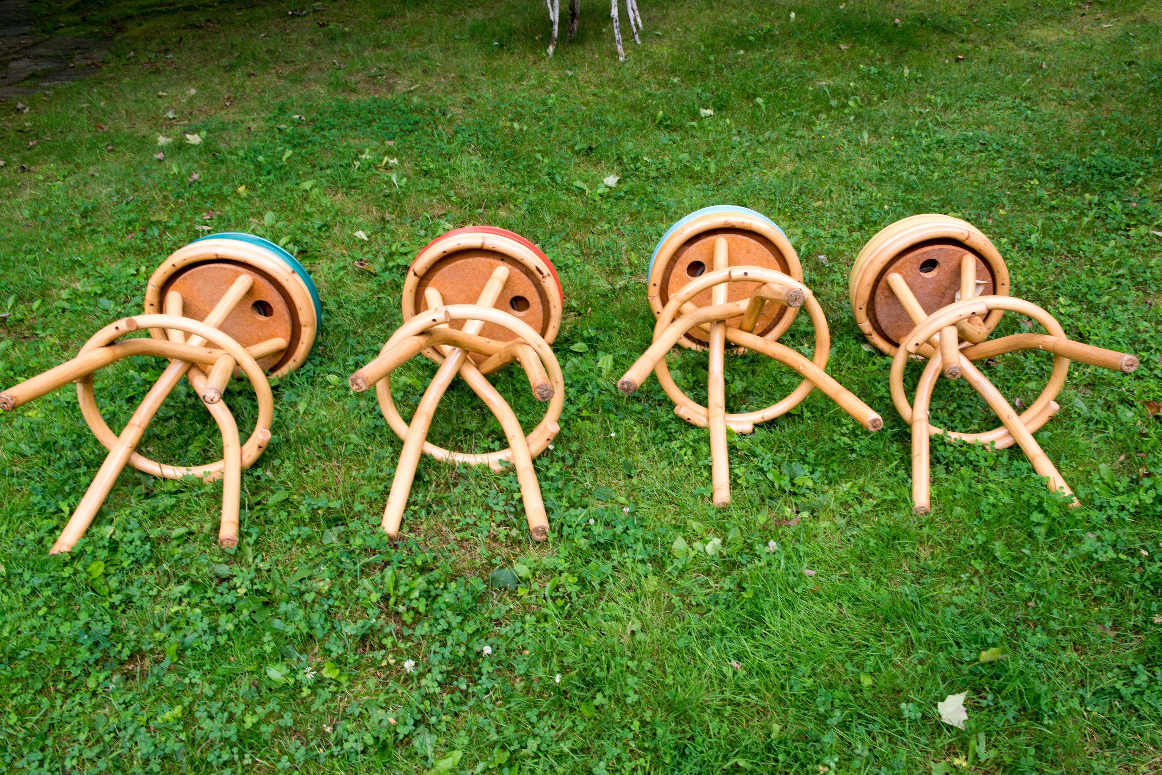 Set of Four Mid-Century Modern Rattan Swivel Stools 2