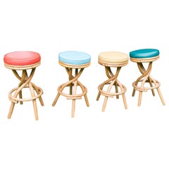 Set of Four Mid-Century Modern Rattan Swivel Stools