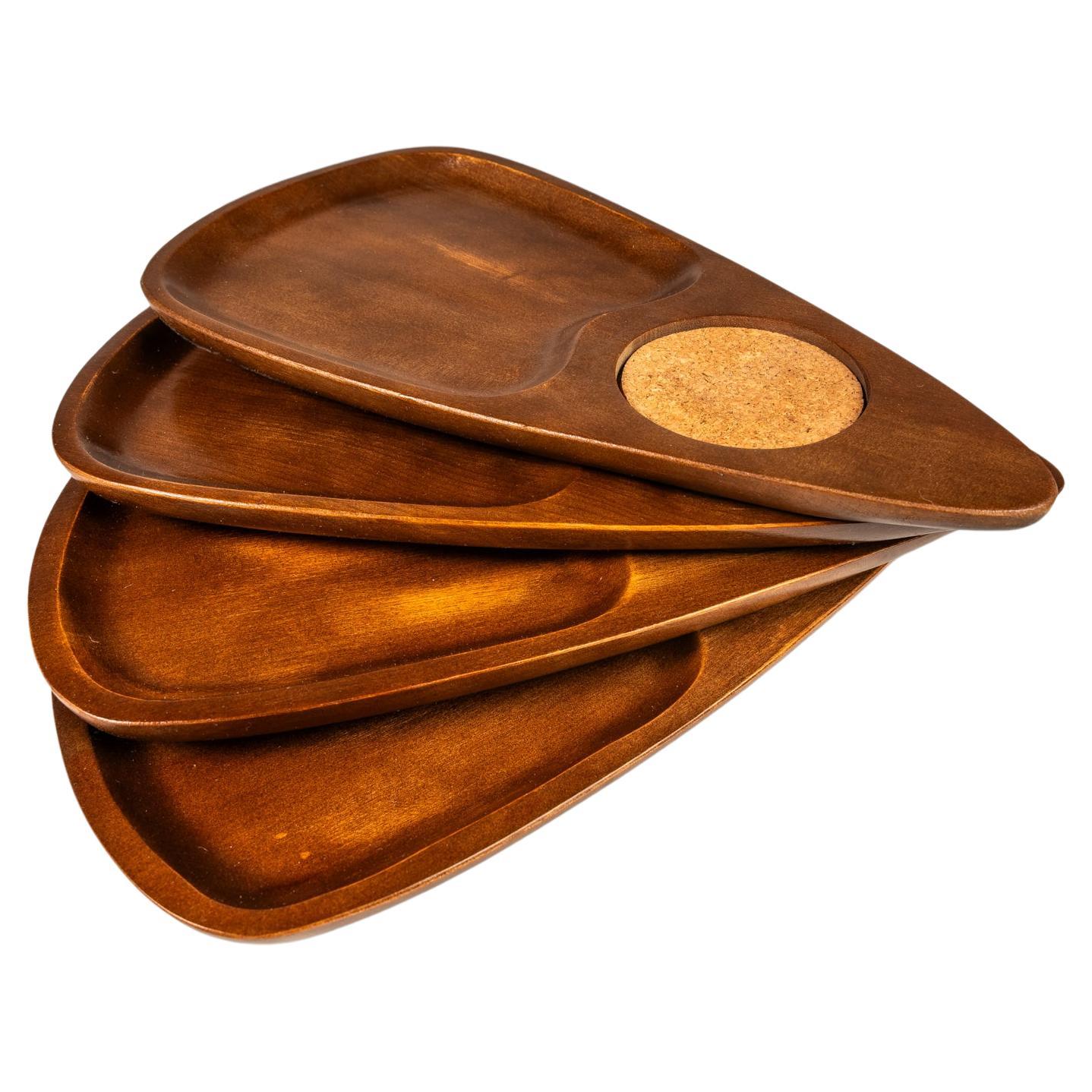 Set of Four Mid-Century Modern Serving Trays in Walnut & Cork, Japan, c. 1970's