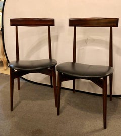 Set of Four Mid-Century Modern Slat Back Black Leather Side Chairs