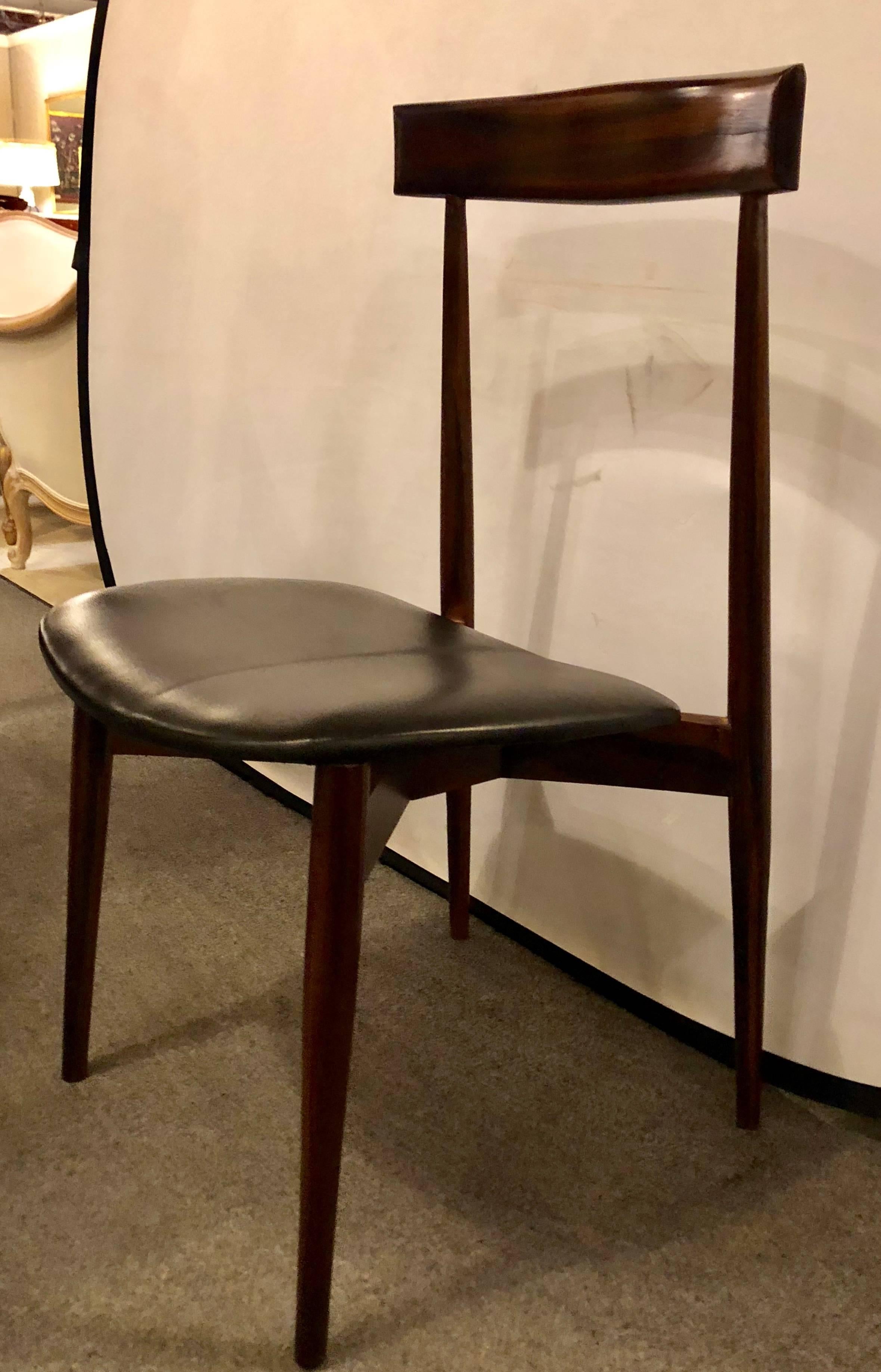Set of Four Mid-Century Modern Slat Back Black Leather Side Chairs In Good Condition In Stamford, CT
