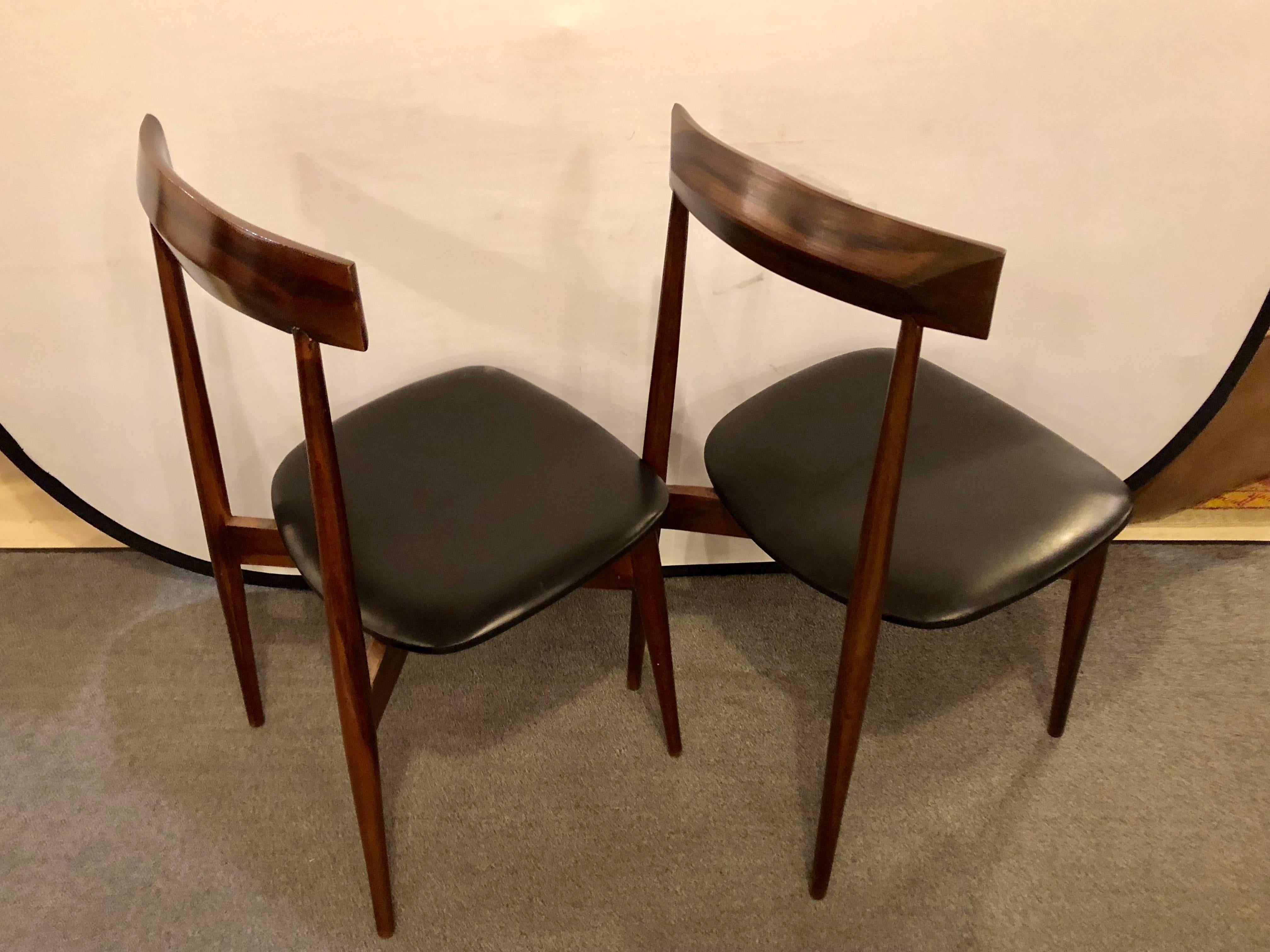 20th Century Set of Four Mid-Century Modern Slat Back Black Leather Side Chairs