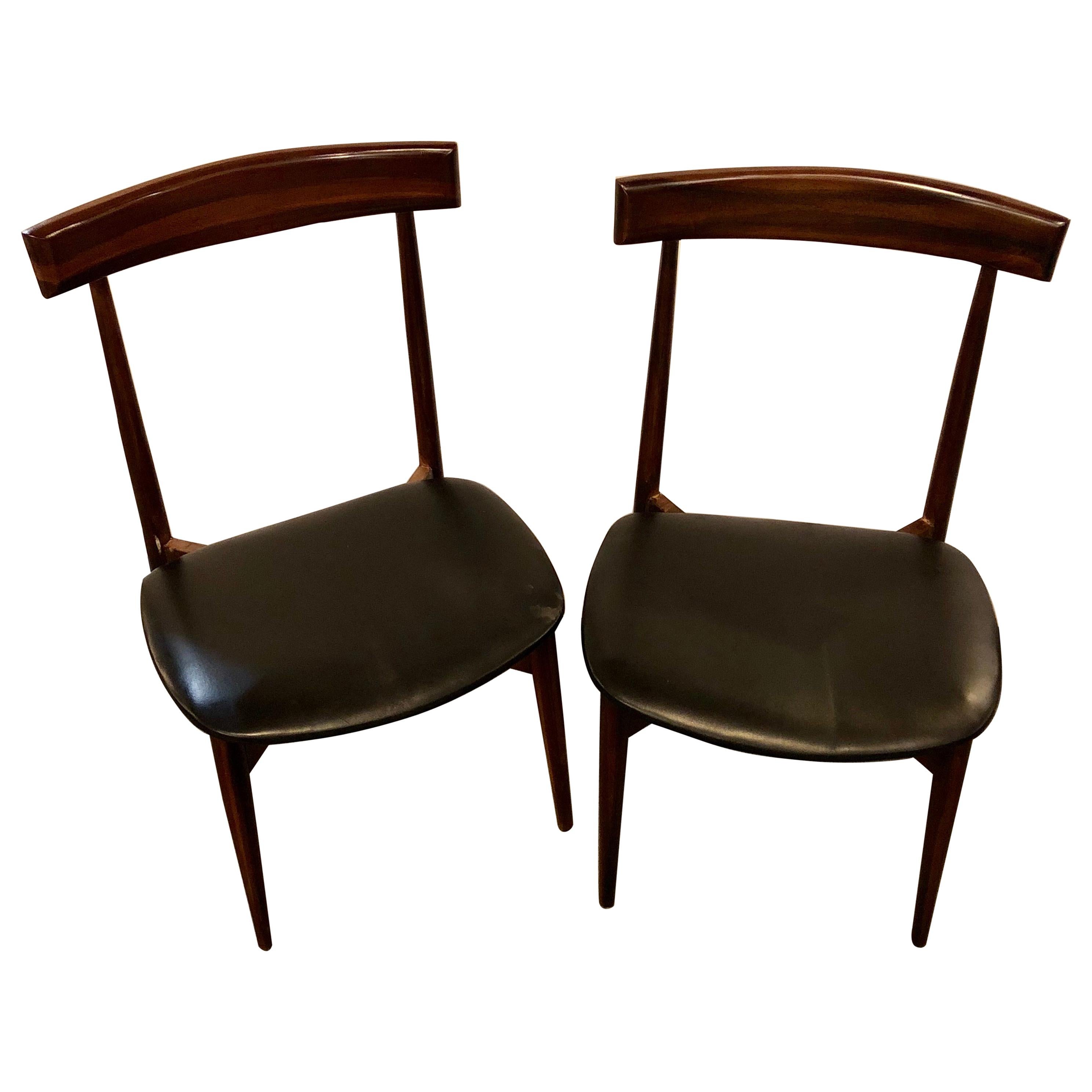 Set of Four Mid-Century Modern Slat Back Black Leather Side Chairs