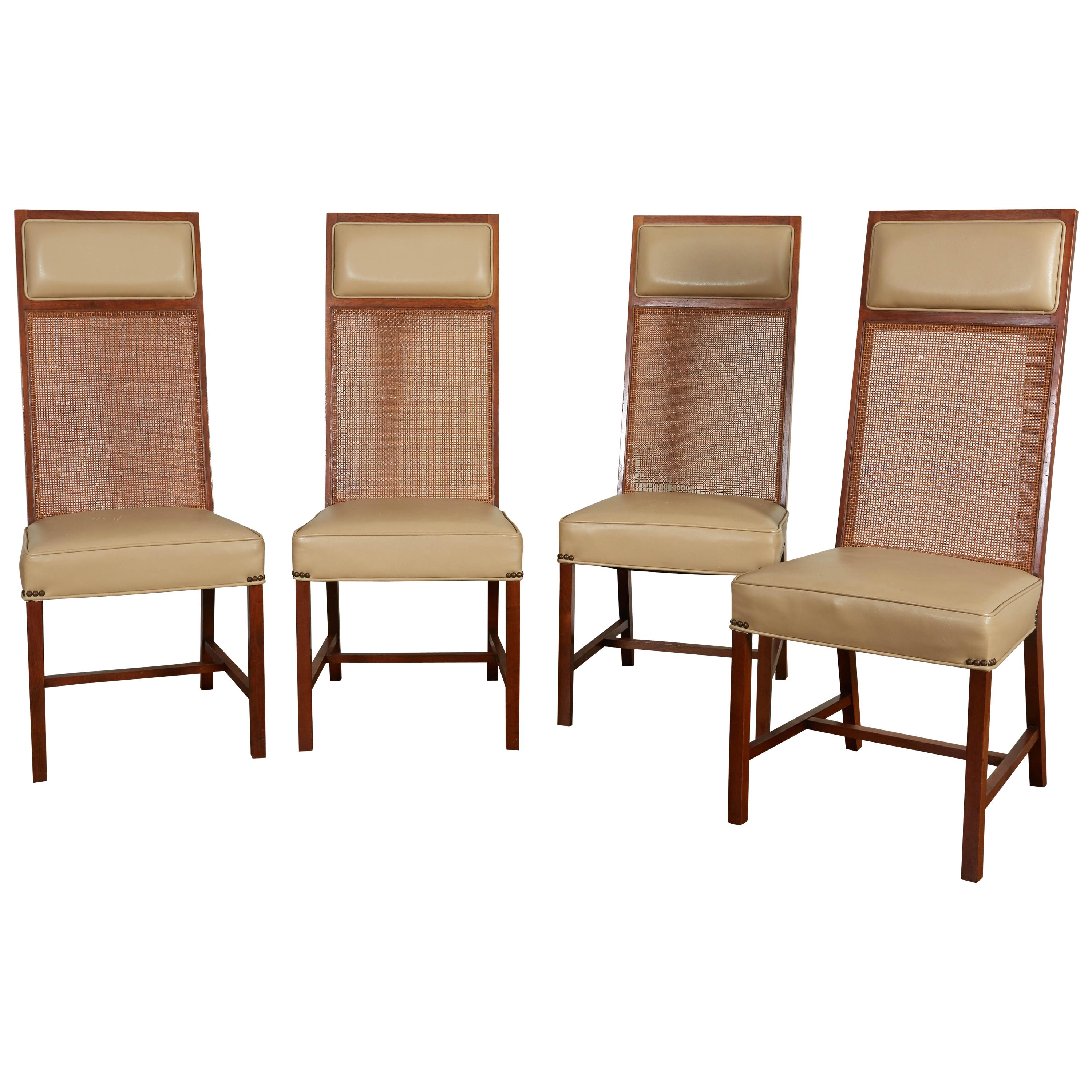 Set of Four Mid-Century Modern Teak and Caned Side Chairs