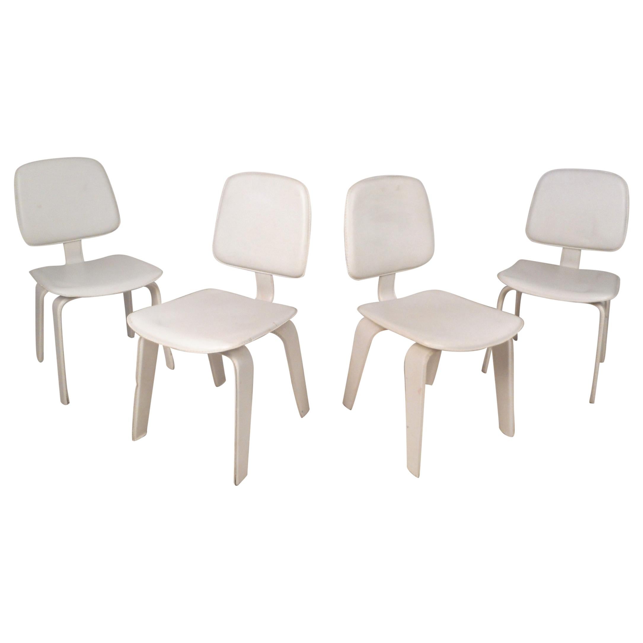 Set of Four Mid-Century Modern White Leather Dining Chairs