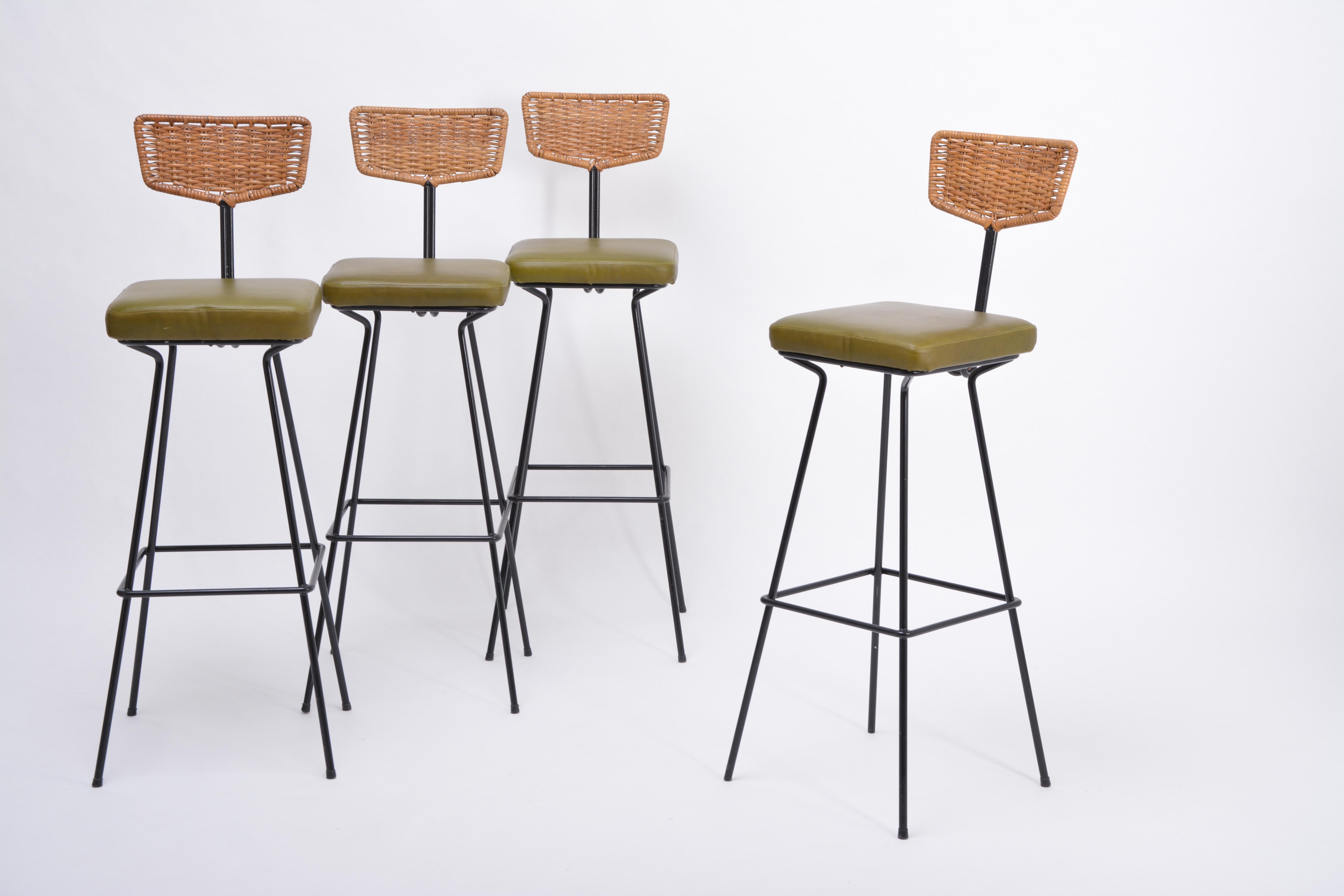 German Set of four Mid-Century Modern wicker bar stools by Herta Maria Witzemann