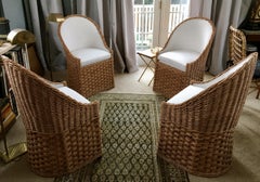 Set of Four Mid-Century Modern Wicker Barrel Back Chairs