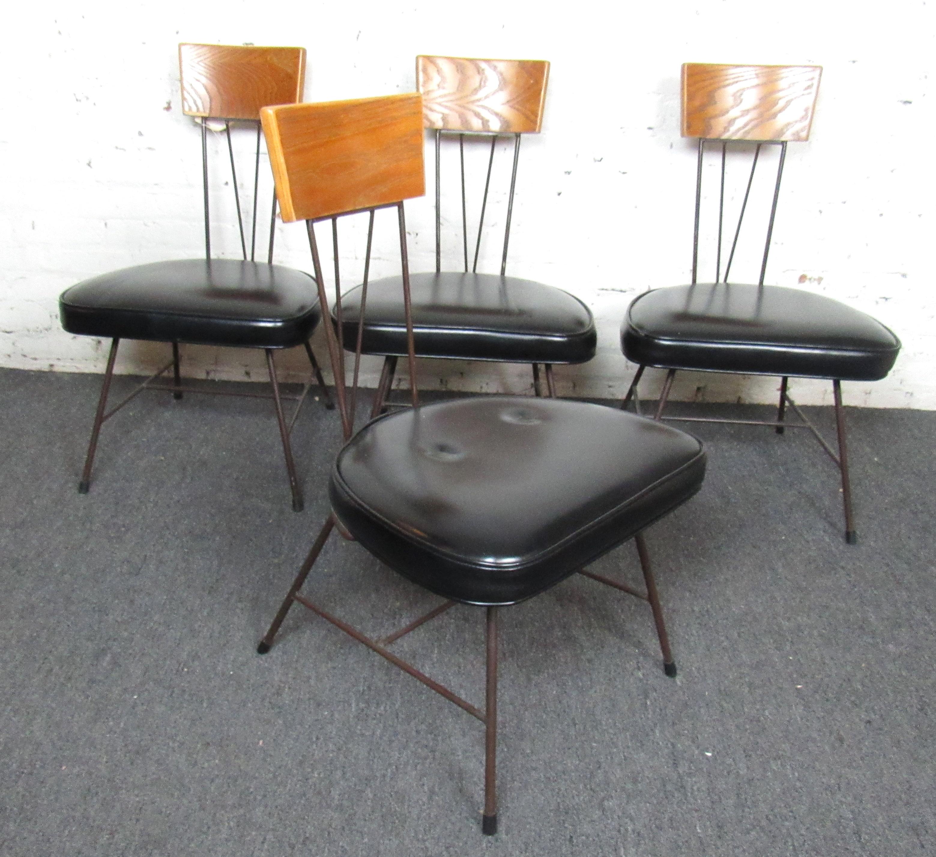 Set of Four Mid-Century Modern Wood & Vinyl Dining Chairs 5