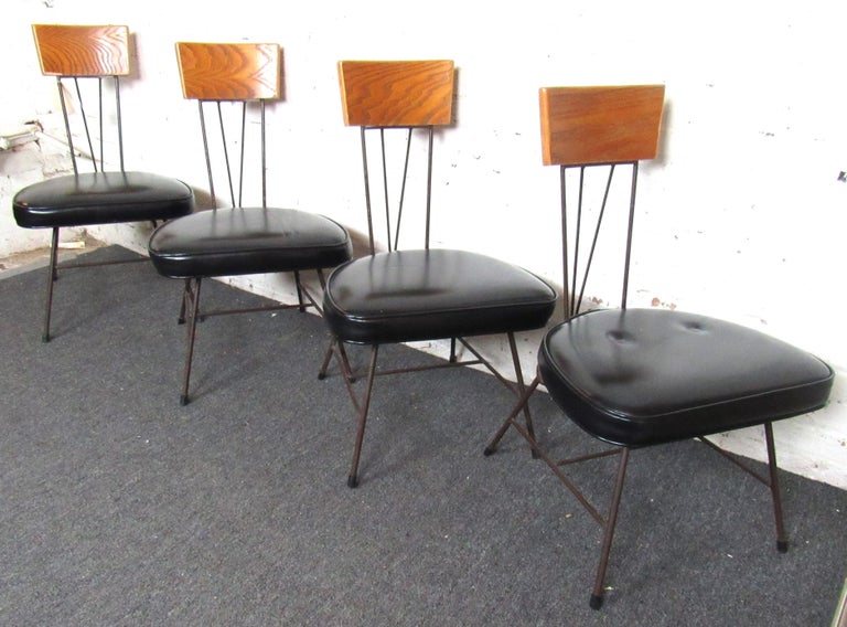 Set of Four Mid-Century Modern Wood & Vinyl Dining Chairs For Sale 7