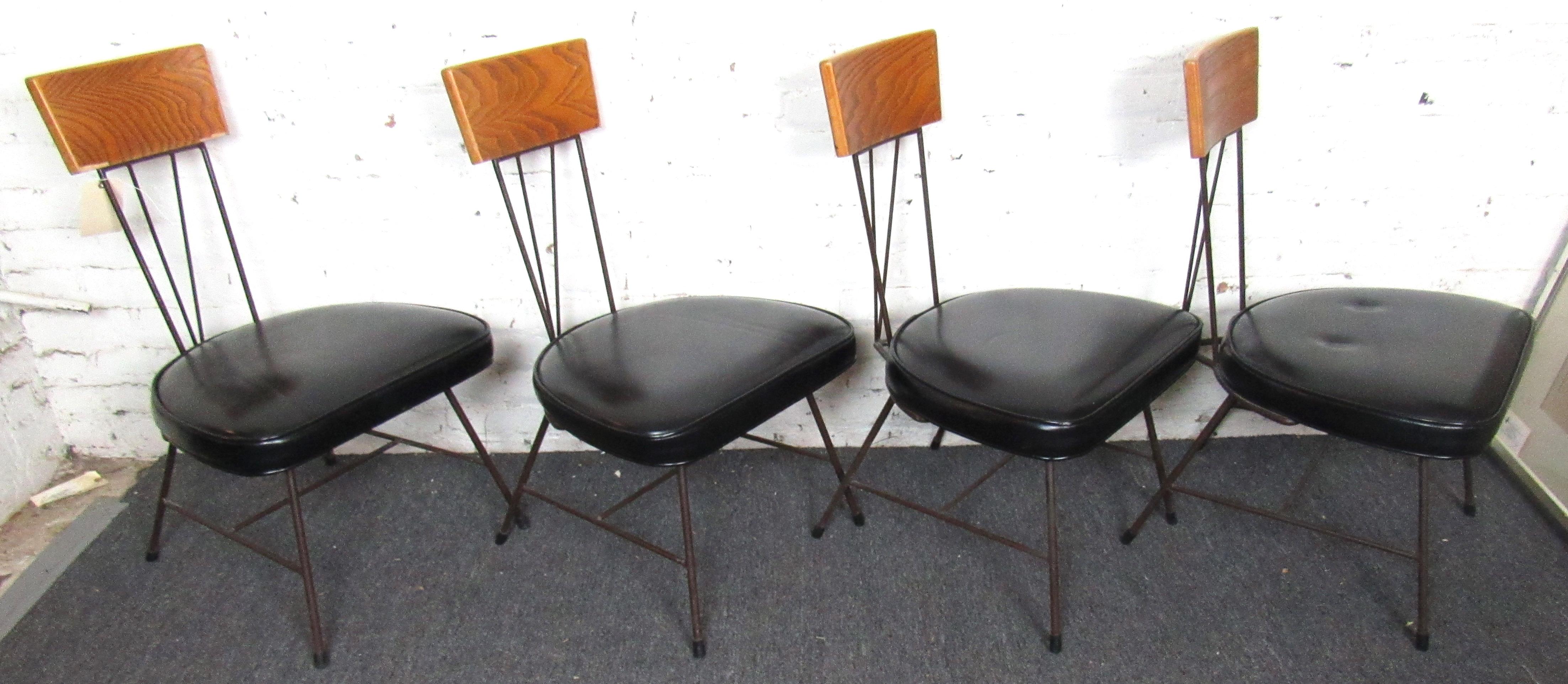 Set of Four Mid-Century Modern Wood & Vinyl Dining Chairs 8
