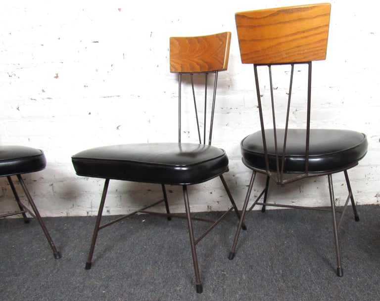 Set of Four Mid-Century Modern Wood & Vinyl Dining Chairs For Sale 9
