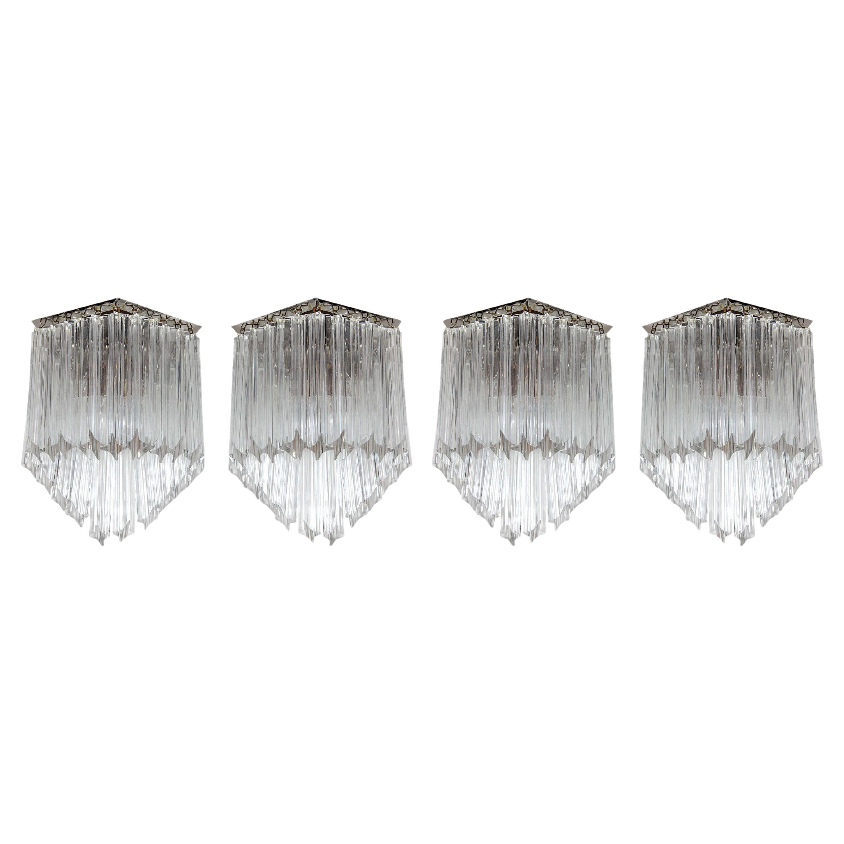Set of Four Mid-Century Modernist Triedre Cut-Crystal Camer Sconces