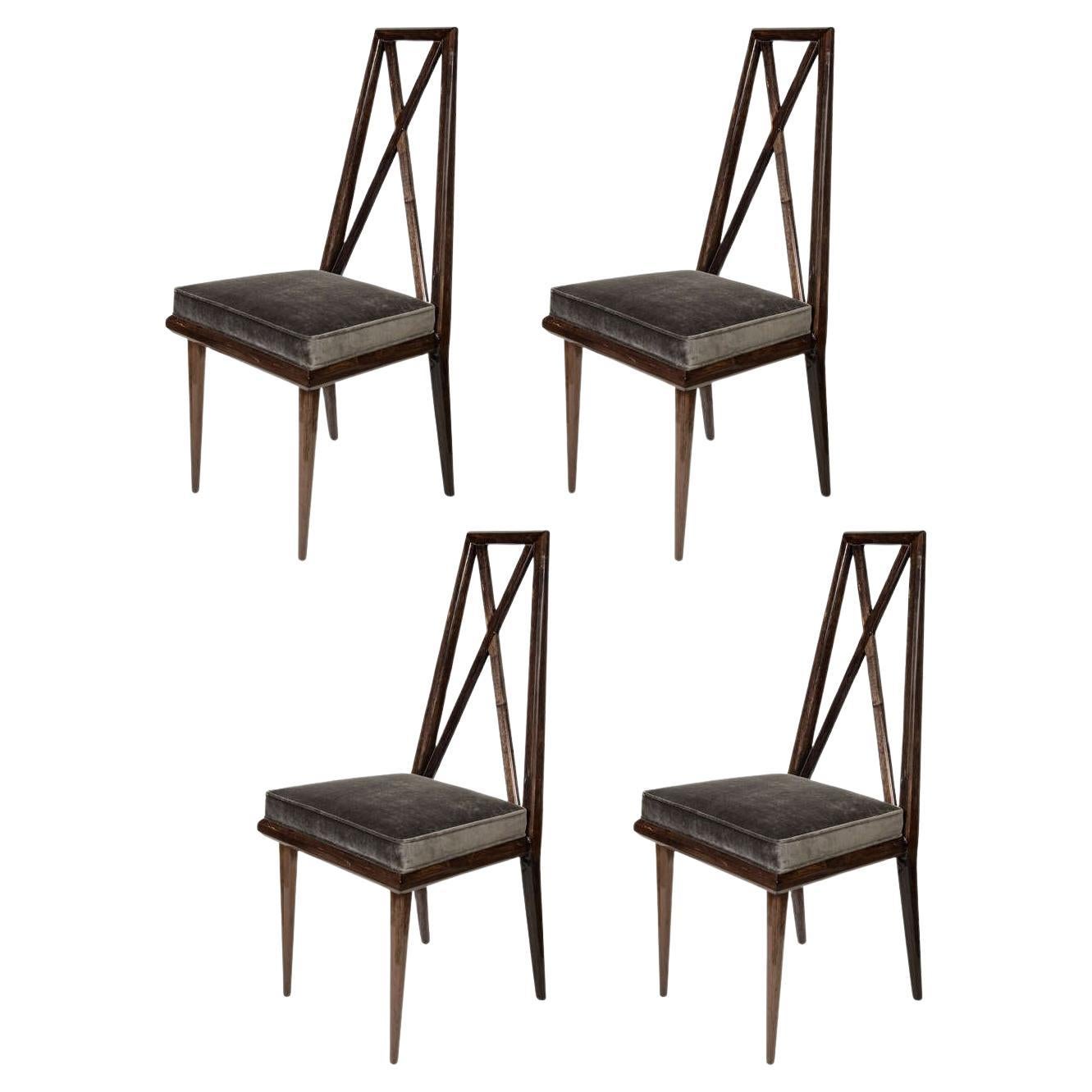 Set of Four Mid-Century Modernist X-Form Geometric Back Dining Chairs