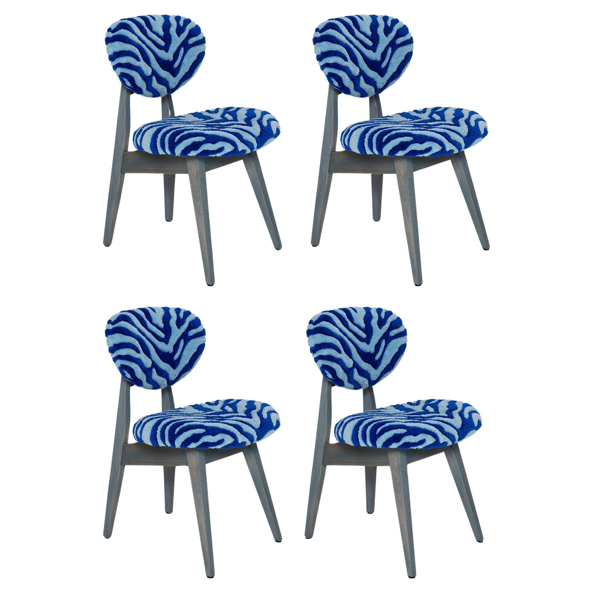 Set of Four Mid Century Mushroom Chairs, Tufting Blue Zebra Wool, Europe, 1960s