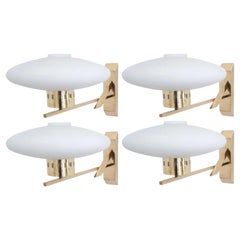 Set of Four Mid-Century Opaline Disk Glass Sconces on Brass Frame. Italy, 1960's