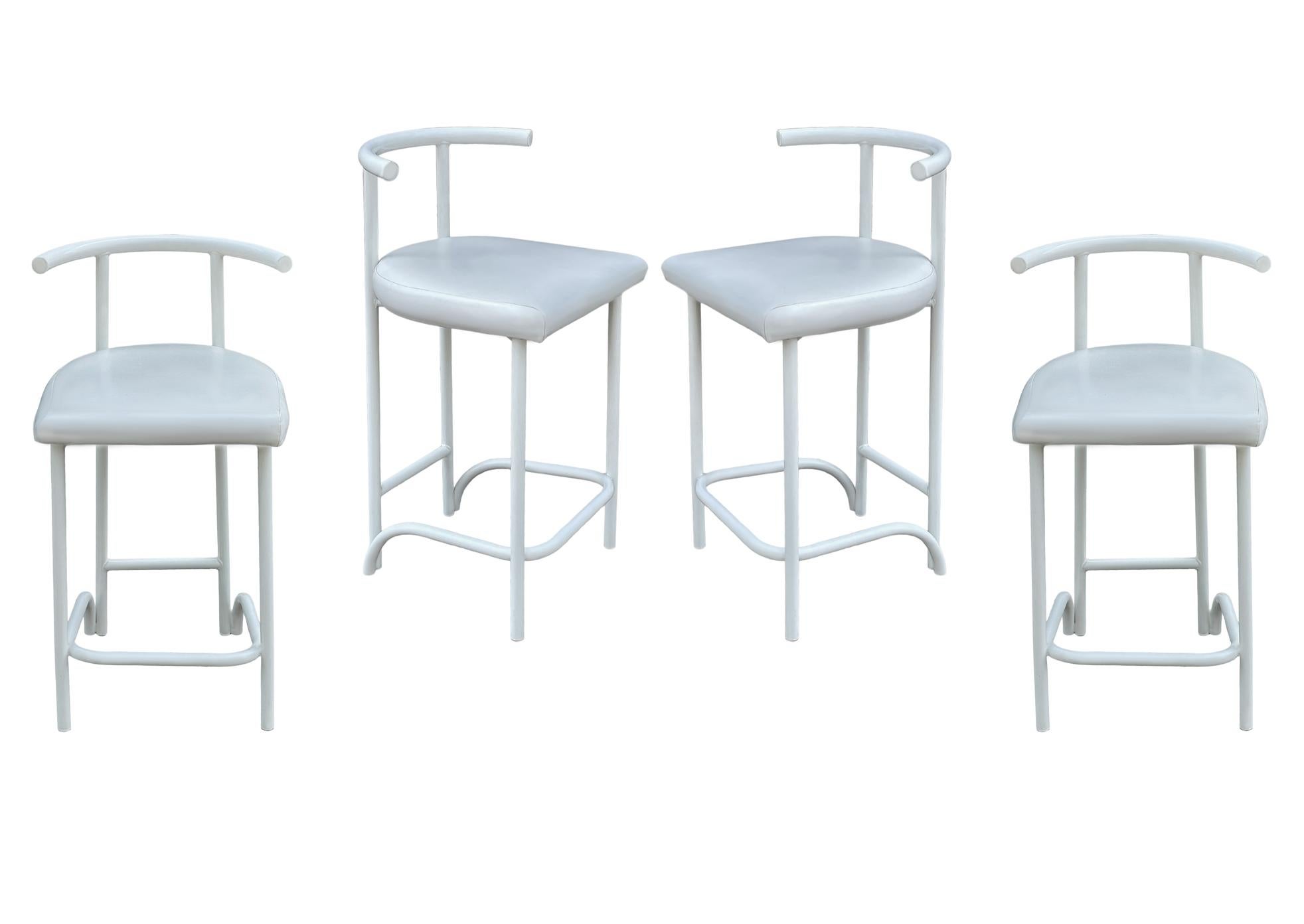 American Set of Four Mid Century Post Modern Tokyo Style Counter or Bar Stools in White For Sale