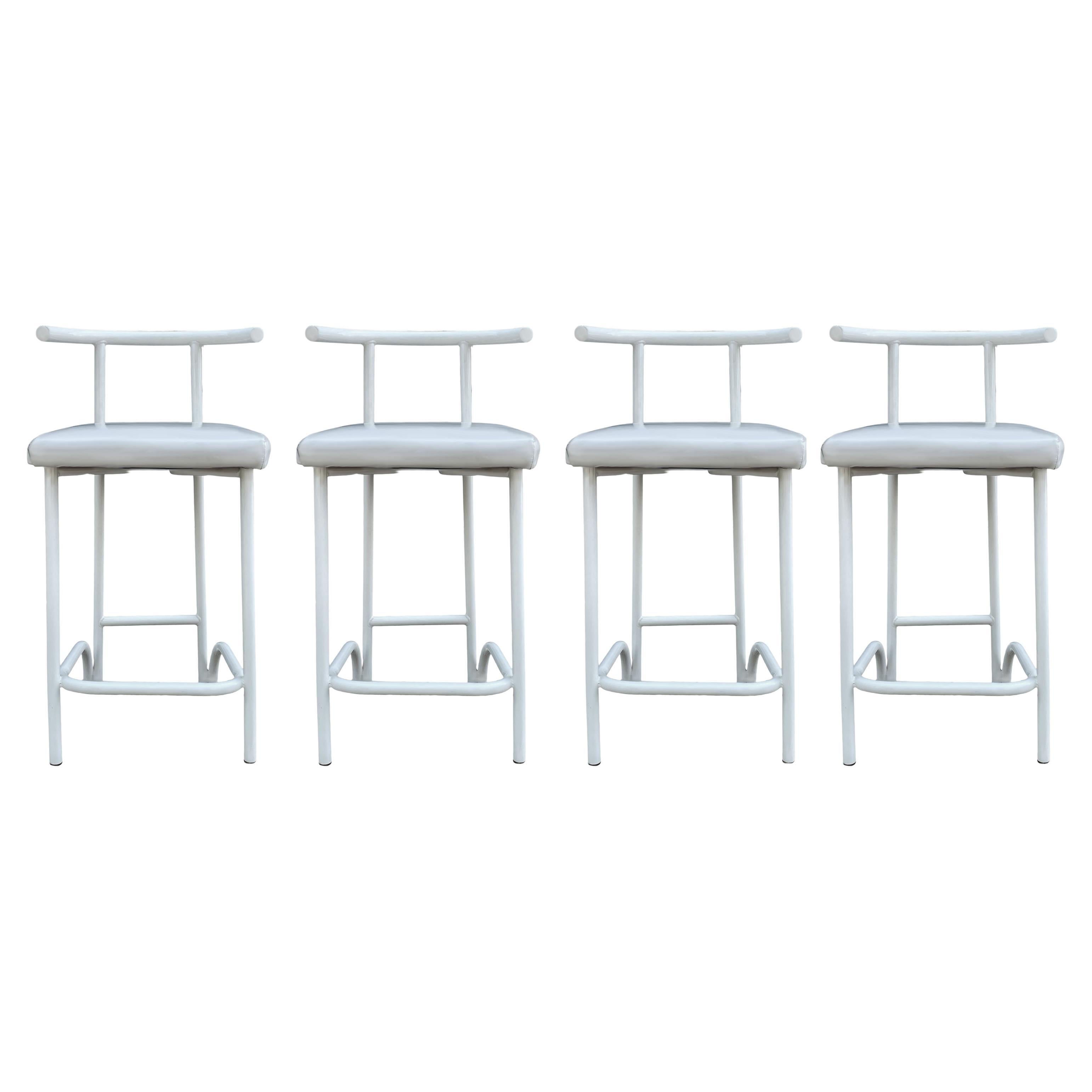 Set of Four Mid Century Post Modern Tokyo Style Counter or Bar Stools in White For Sale