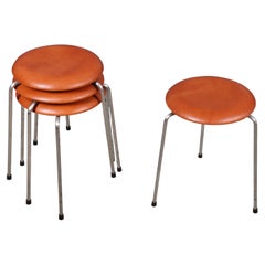 Set of Four Mid-Century Round Stools in Leather by Arne Jacobsen