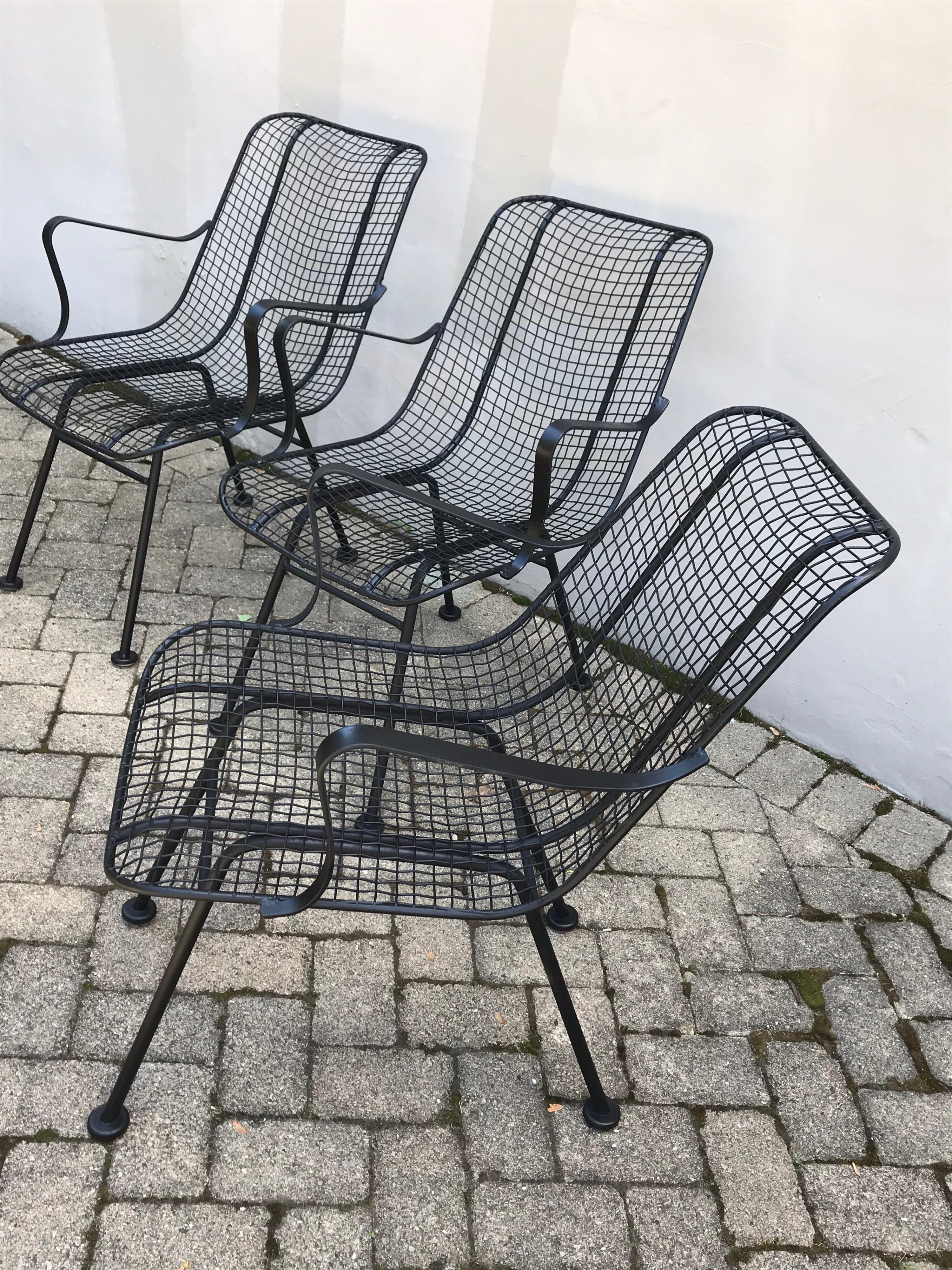 Painted Set of Four Mid Century Woodward Wrought Iron Patio Lounge Chairs