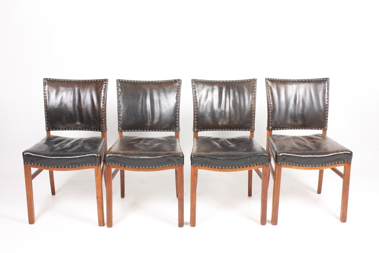 Set of Four Midcentury Side Chairs in Patinated Leather by Fritz Hansen, Danish 5