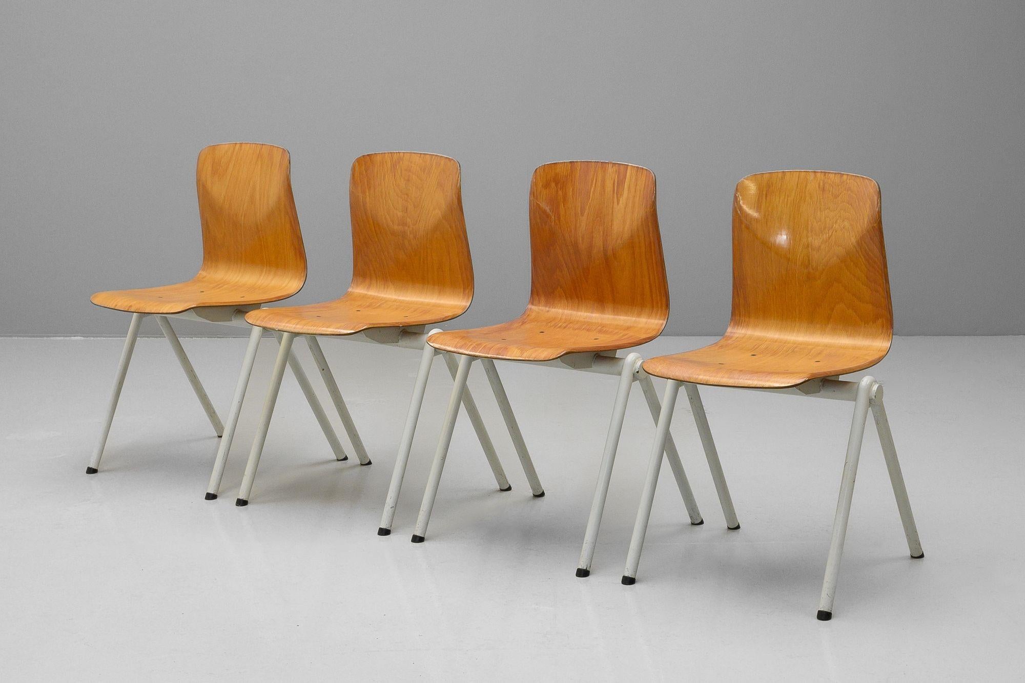 Ensemble de quatre chaises empilables hollandaises avec des pieds en acier tubulaire crème et des sièges en contreplaqué laqué pâle.