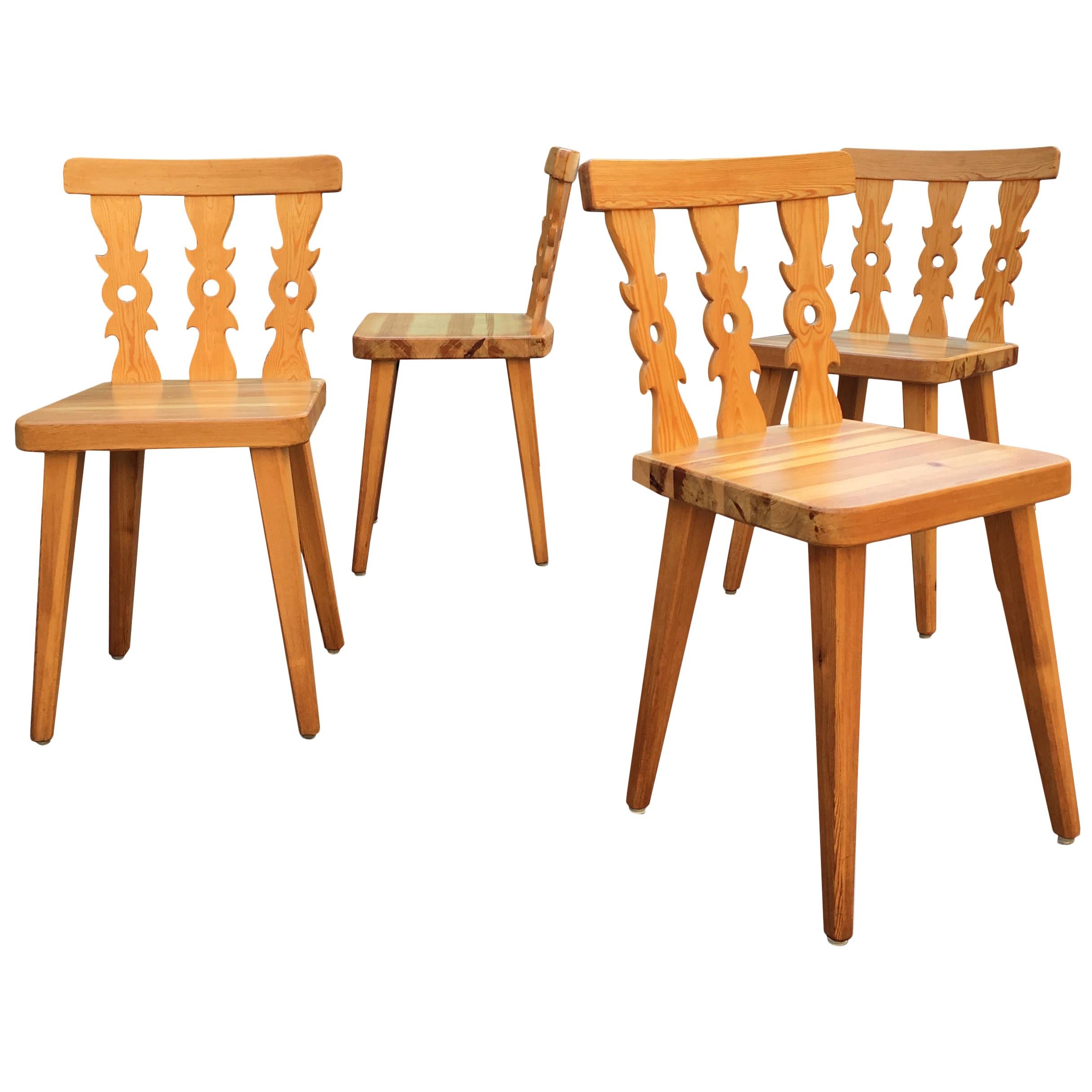 Set of Four Midcentury Swedish Pine Dining Chairs For Sale