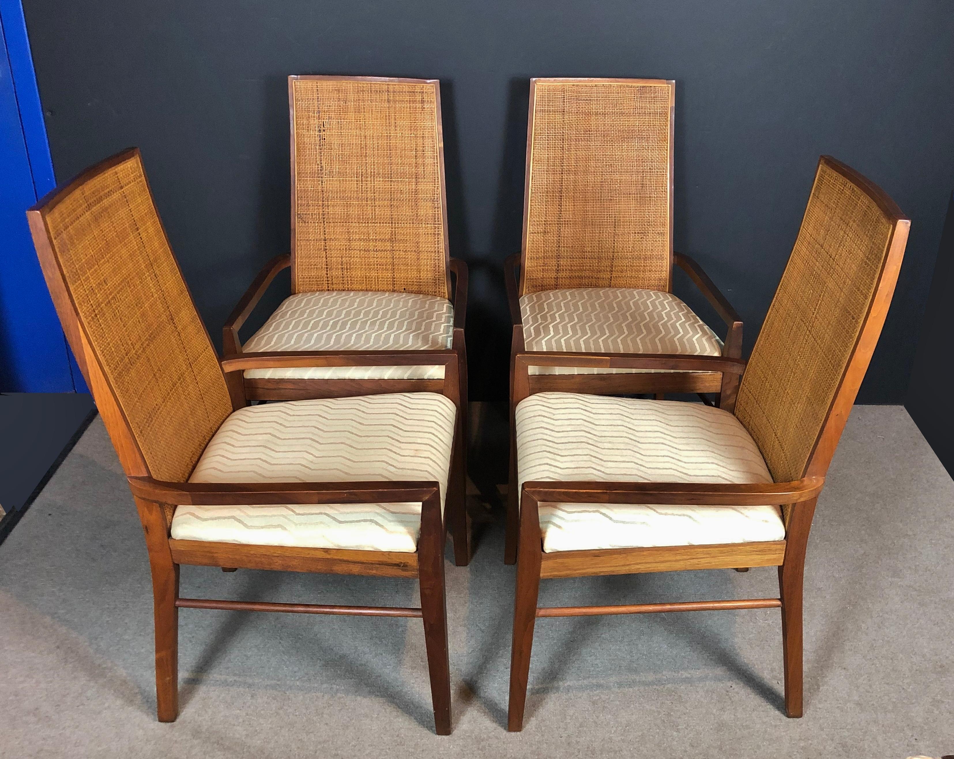 Mid-Century Modern Set of Four Midcentury Tall Cane Back Dining Armchairs
