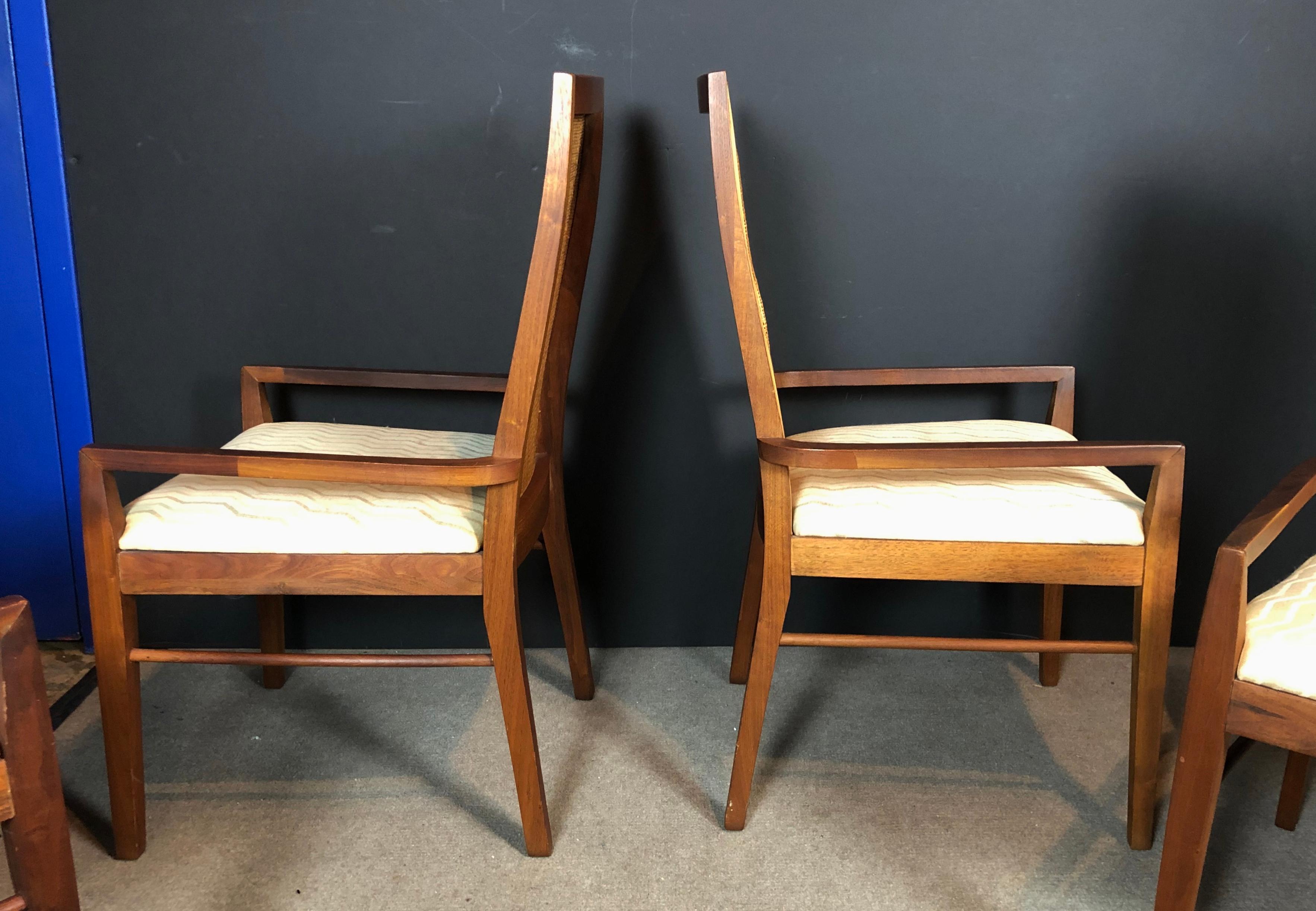 Wood Set of Four Midcentury Tall Cane Back Dining Armchairs