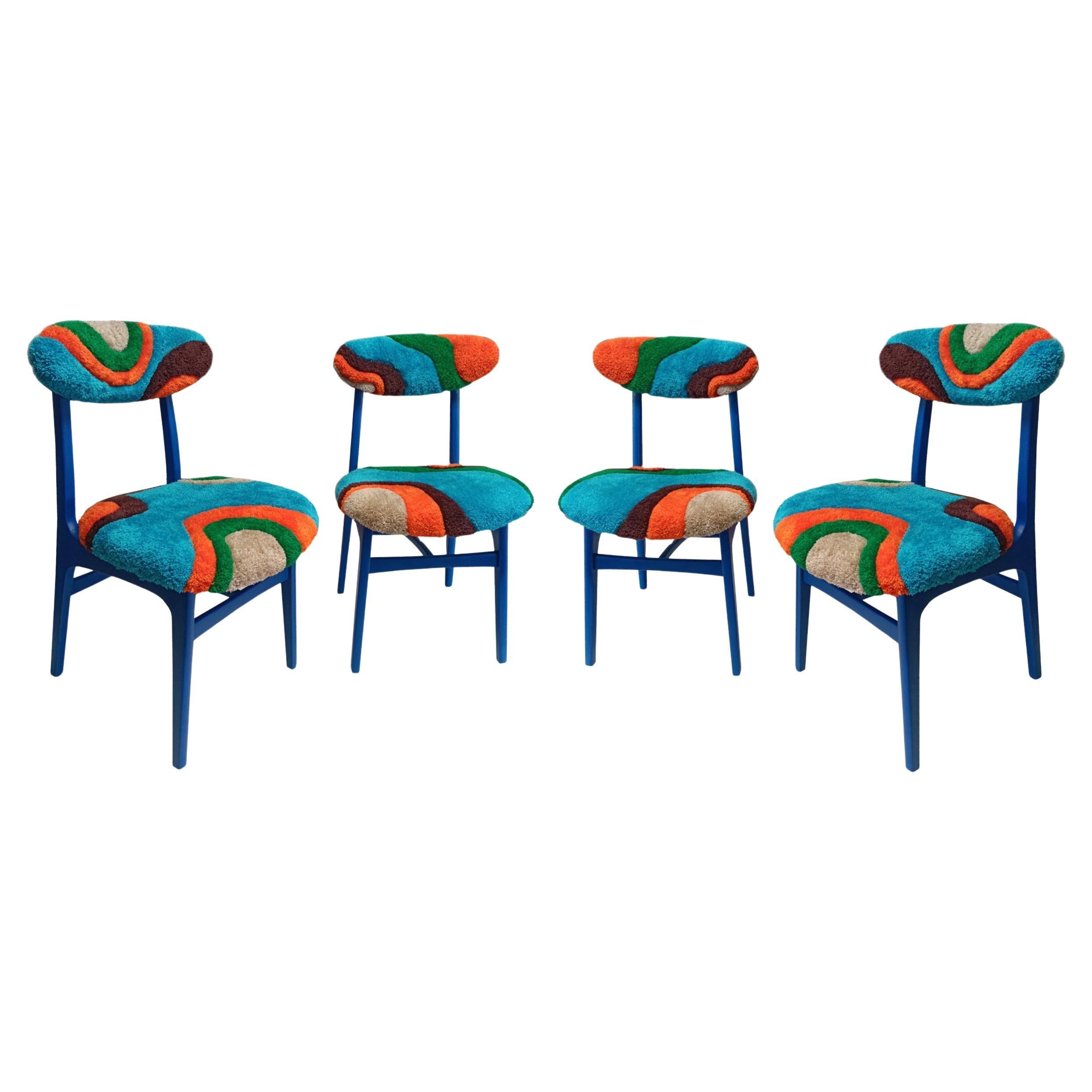 Set of Four Mid Century Tufting Chairs, Blue Wood, Rajmund Halas, Poland, 1960s