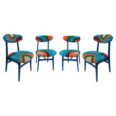 Set of Four Mid Century Tufting Chairs, Blue Wood, Rajmund Halas, Poland, 1960s